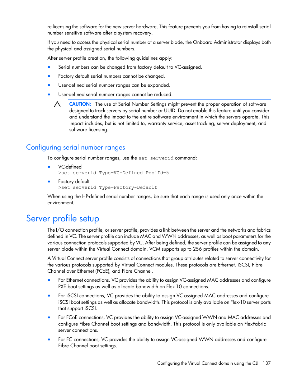 Configuring serial number ranges, Server profile setup | HP Virtual Connect 8Gb 24-port Fibre Channel Module for c-Class BladeSystem User Manual | Page 137 / 159