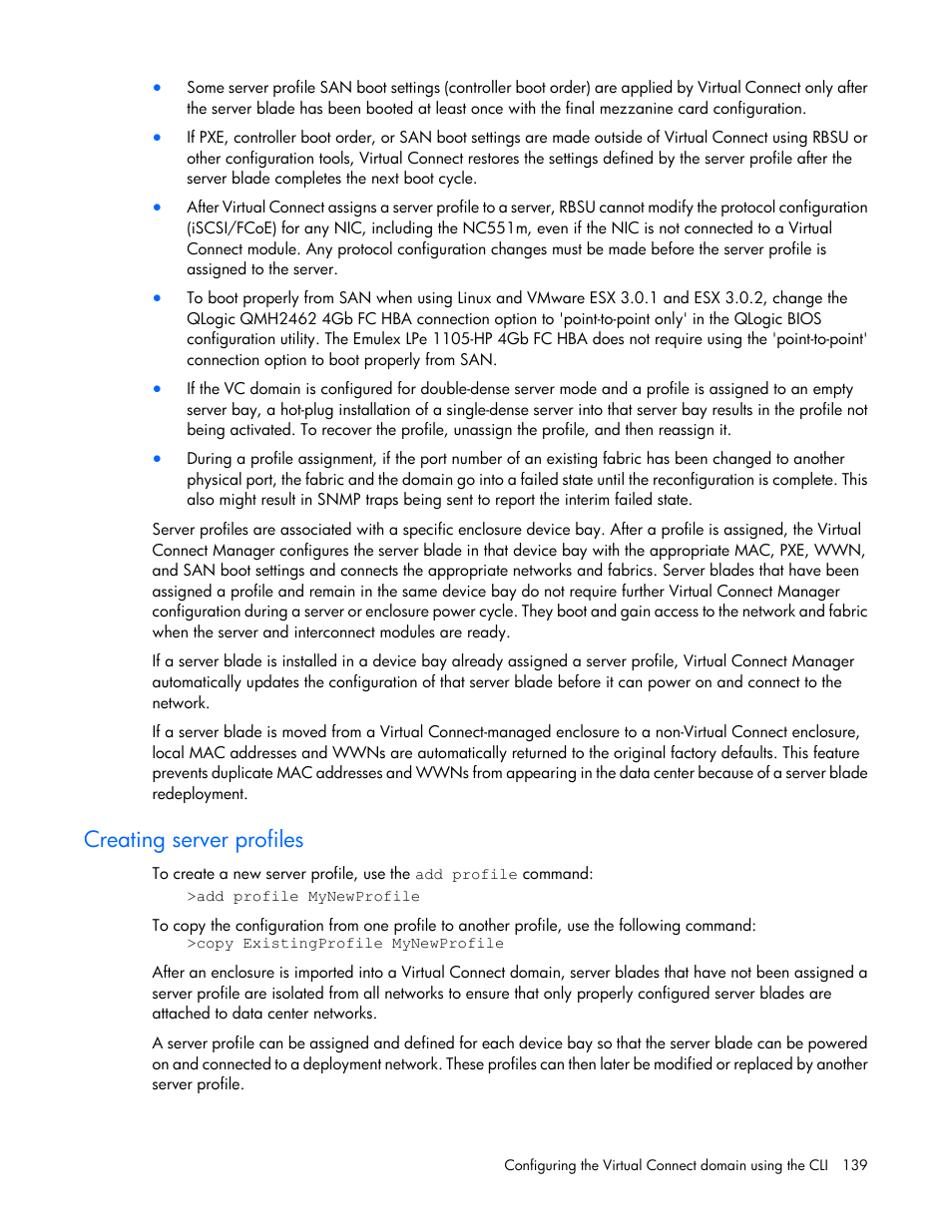 Creating server profiles | HP Virtual Connect 8Gb 24-port Fibre Channel Module for c-Class BladeSystem User Manual | Page 139 / 159