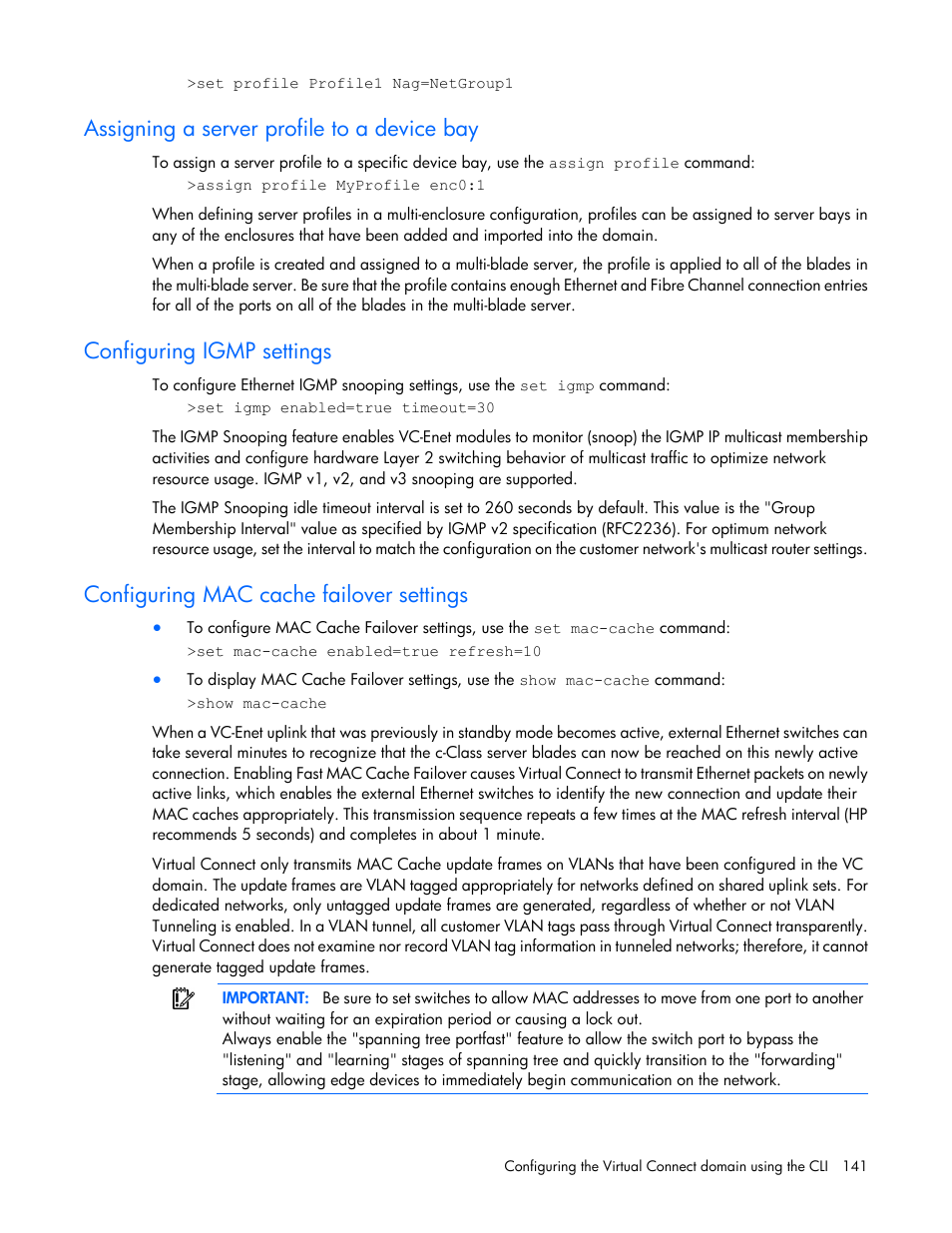 Assigning a server profile to a device bay, Configuring igmp settings, Configuring mac cache failover settings | HP Virtual Connect 8Gb 24-port Fibre Channel Module for c-Class BladeSystem User Manual | Page 141 / 159