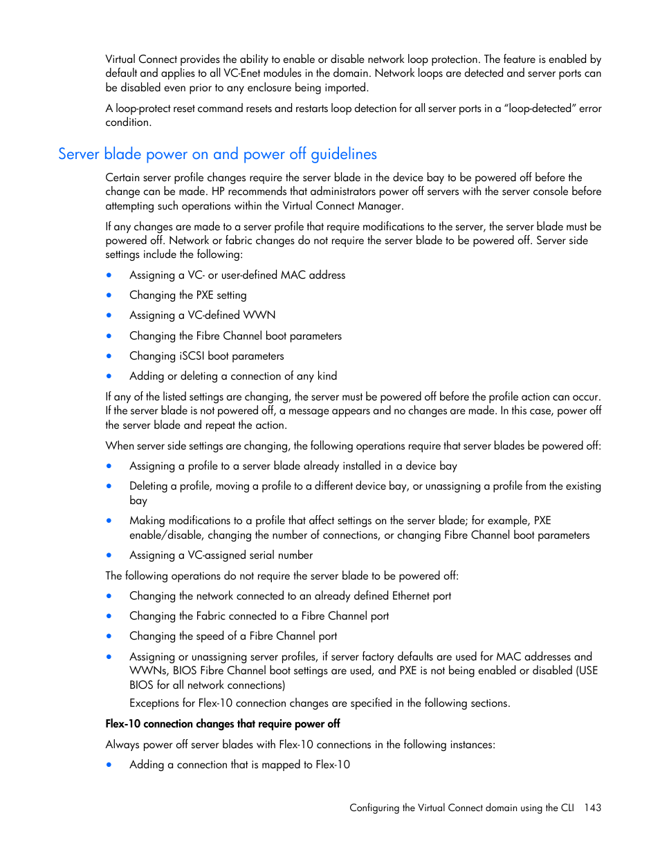 Server blade power on and power off guidelines | HP Virtual Connect 8Gb 24-port Fibre Channel Module for c-Class BladeSystem User Manual | Page 143 / 159