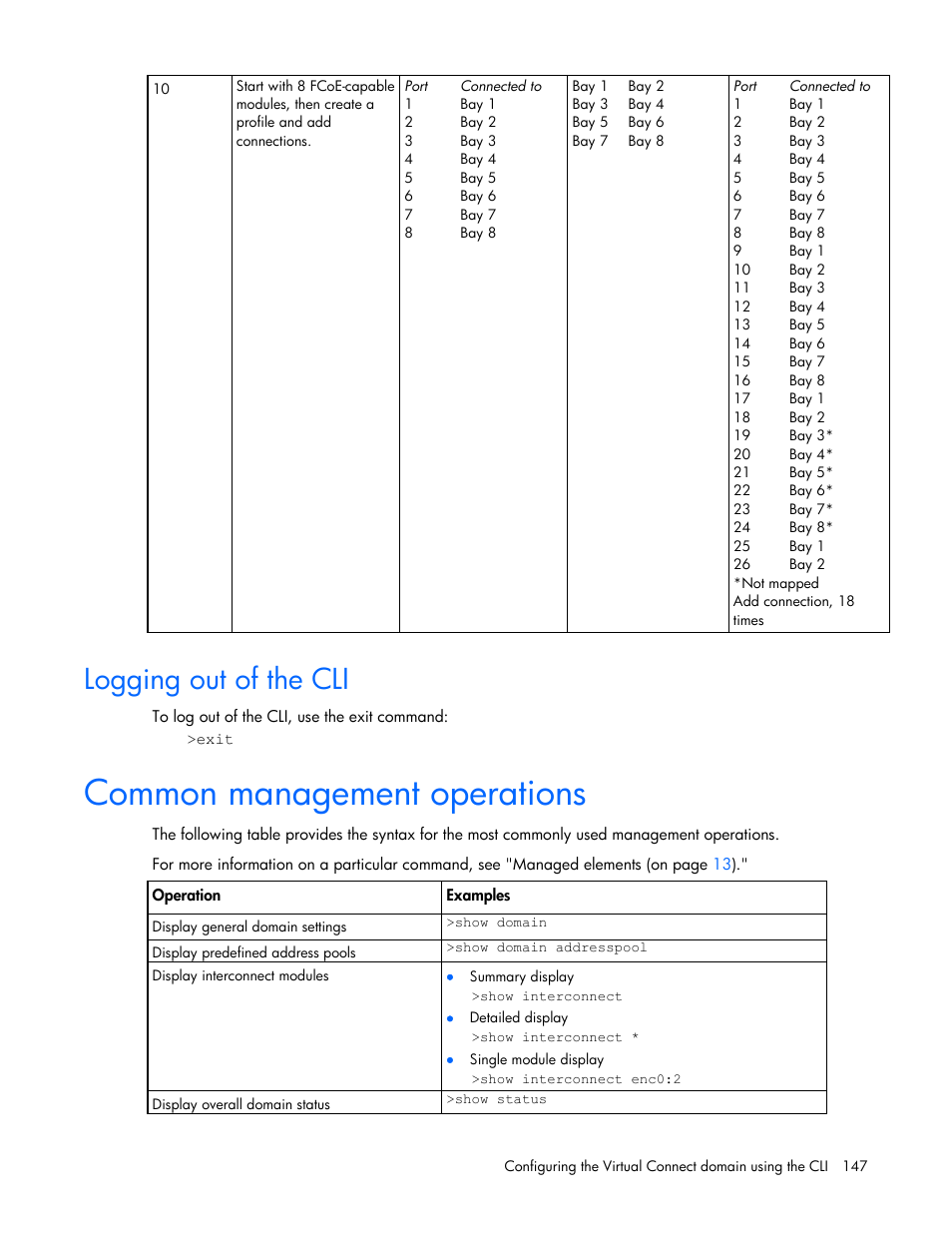 Logging out of the cli, Common management operations | HP Virtual Connect 8Gb 24-port Fibre Channel Module for c-Class BladeSystem User Manual | Page 147 / 159