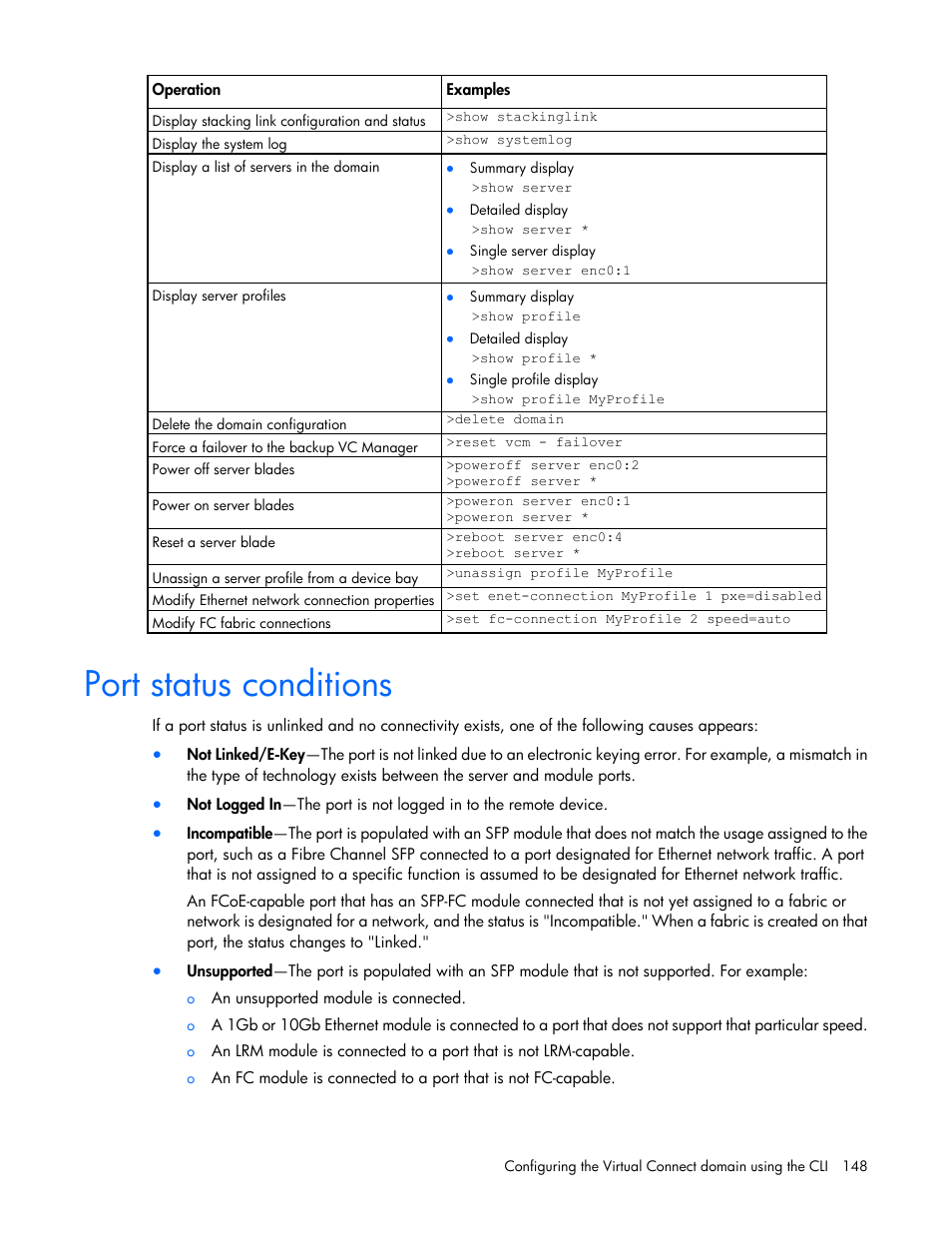 Port status conditions | HP Virtual Connect 8Gb 24-port Fibre Channel Module for c-Class BladeSystem User Manual | Page 148 / 159