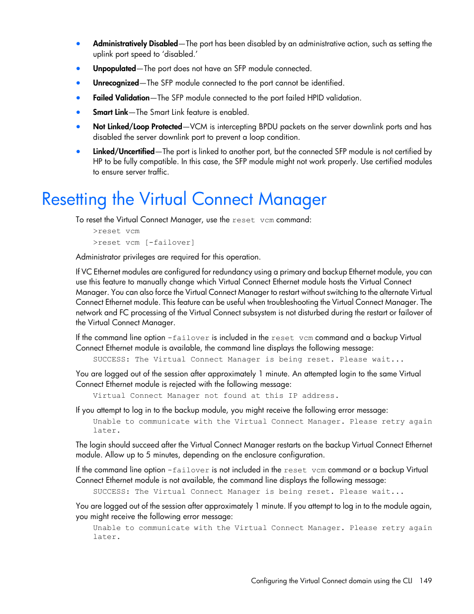Resetting the virtual connect manager | HP Virtual Connect 8Gb 24-port Fibre Channel Module for c-Class BladeSystem User Manual | Page 149 / 159