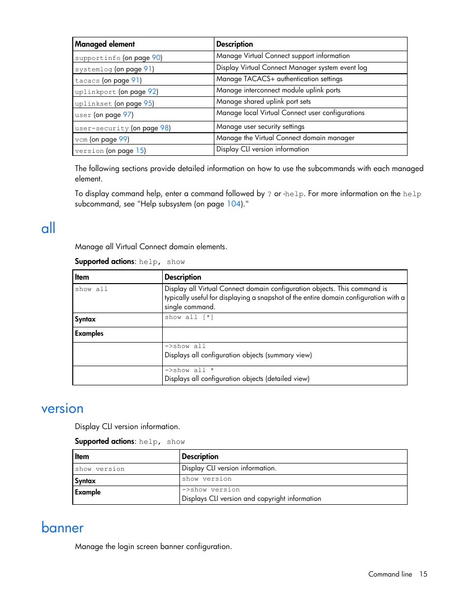 Version, Banner | HP Virtual Connect 8Gb 24-port Fibre Channel Module for c-Class BladeSystem User Manual | Page 15 / 159
