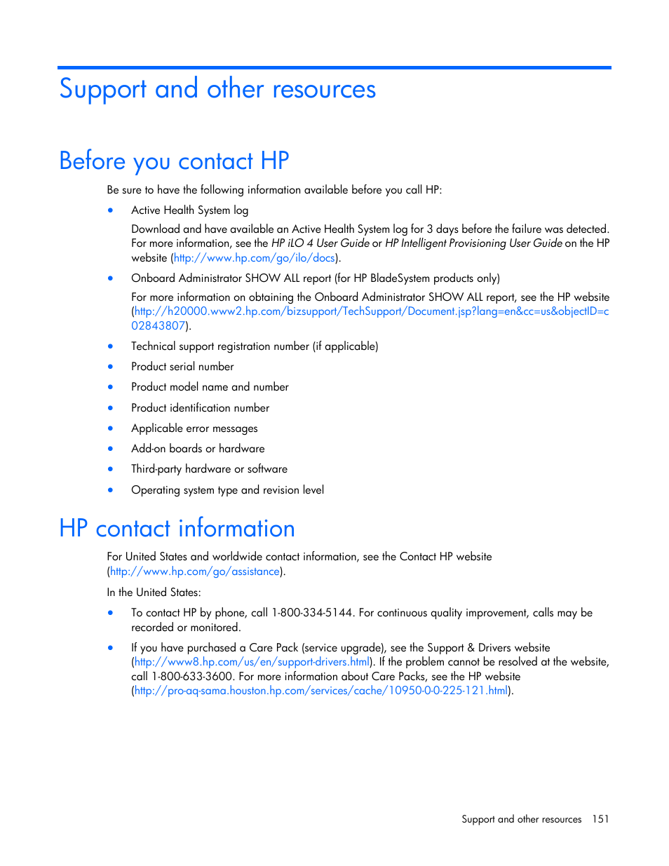 Support and other resources, Before you contact hp, Hp contact information | HP Virtual Connect 8Gb 24-port Fibre Channel Module for c-Class BladeSystem User Manual | Page 151 / 159