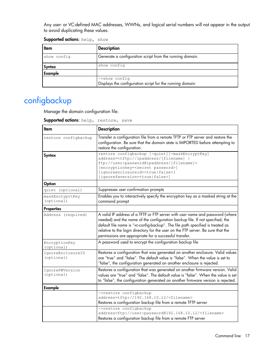 Configbackup | HP Virtual Connect 8Gb 24-port Fibre Channel Module for c-Class BladeSystem User Manual | Page 17 / 159