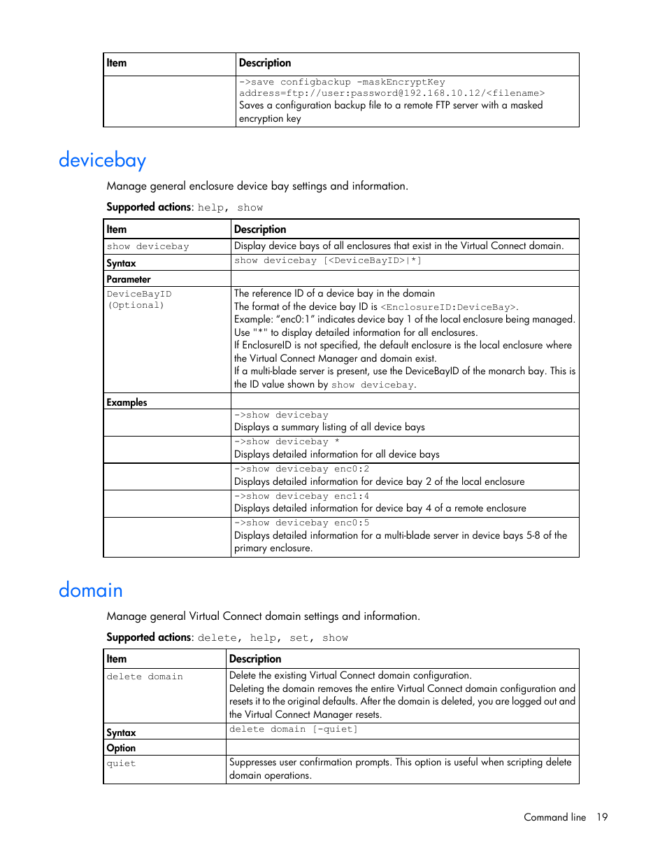 Devicebay, Domain | HP Virtual Connect 8Gb 24-port Fibre Channel Module for c-Class BladeSystem User Manual | Page 19 / 159