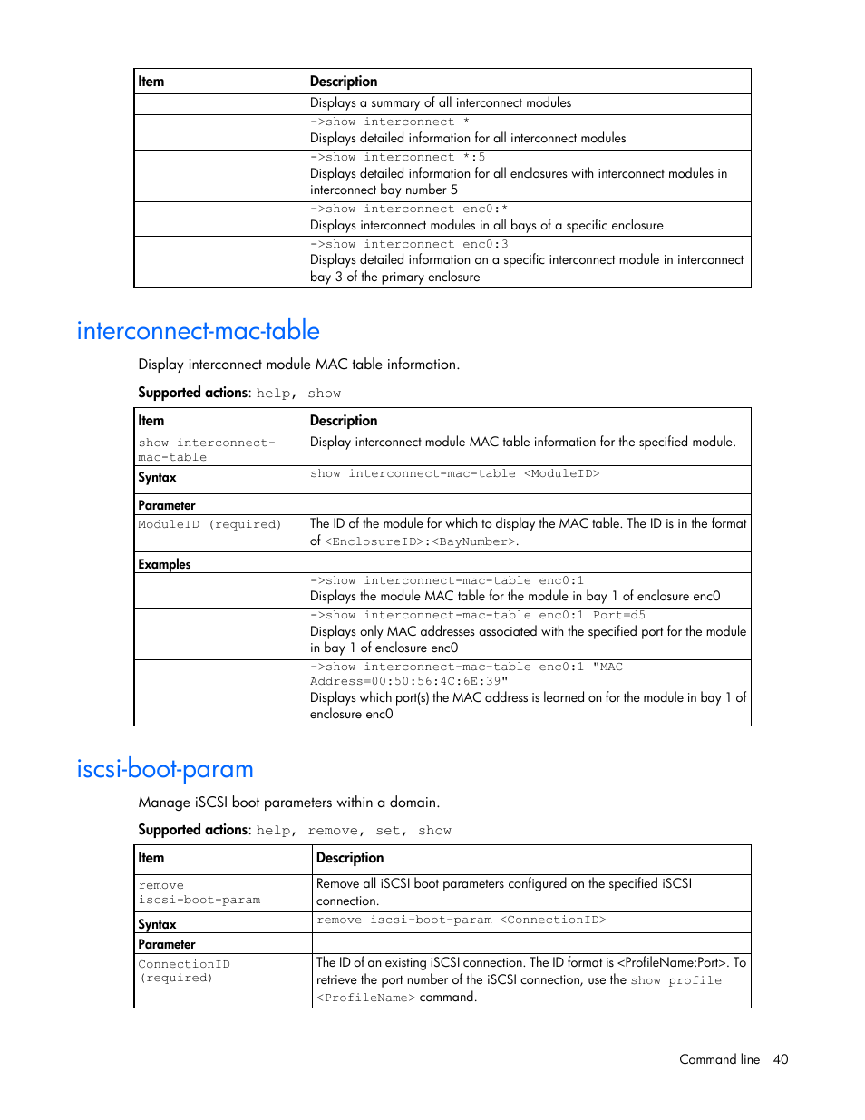 Interconnect-mac-table, Iscsi-boot-param | HP Virtual Connect 8Gb 24-port Fibre Channel Module for c-Class BladeSystem User Manual | Page 40 / 159