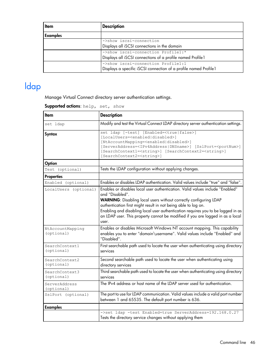 Ldap | HP Virtual Connect 8Gb 24-port Fibre Channel Module for c-Class BladeSystem User Manual | Page 46 / 159