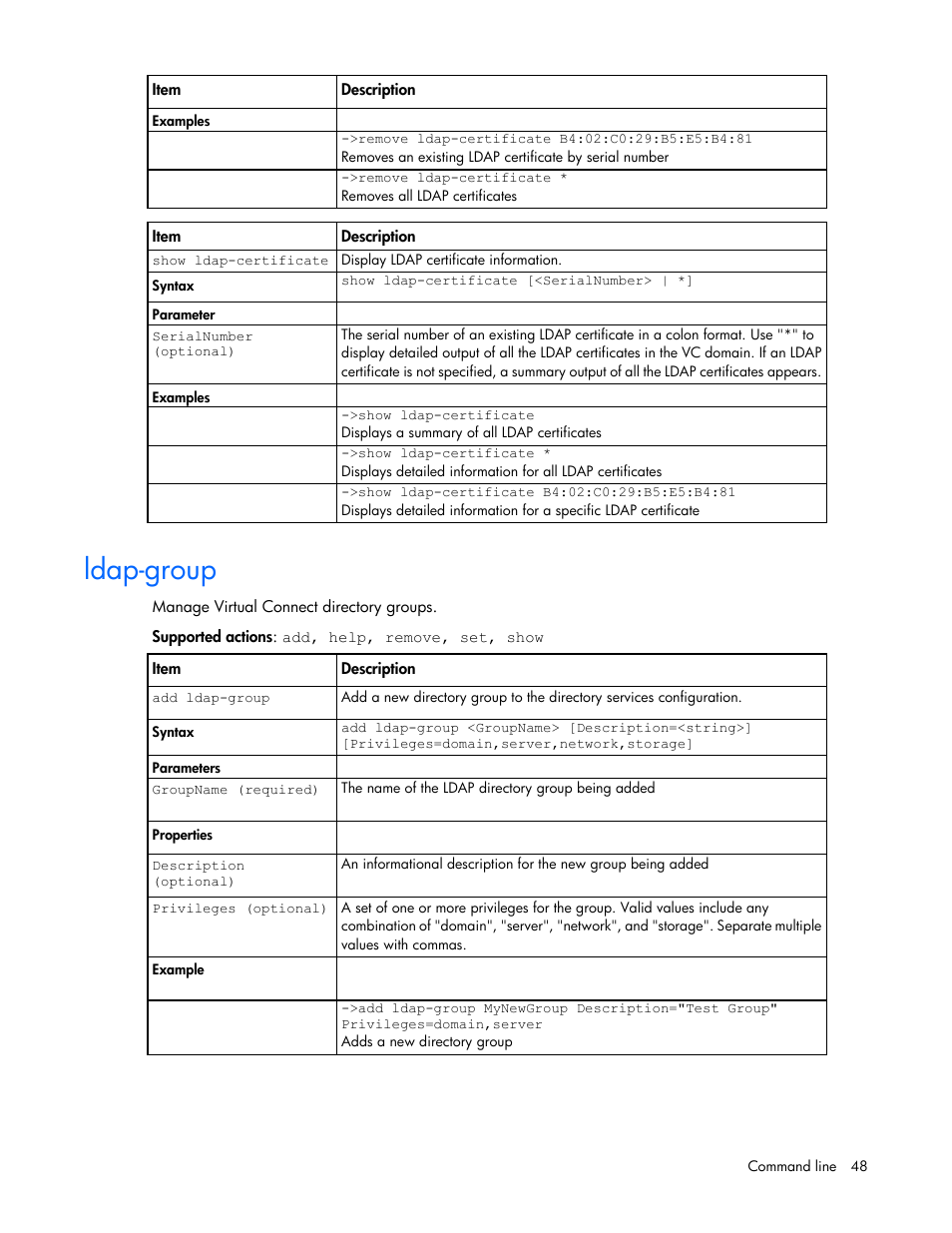 Ldap-group | HP Virtual Connect 8Gb 24-port Fibre Channel Module for c-Class BladeSystem User Manual | Page 48 / 159