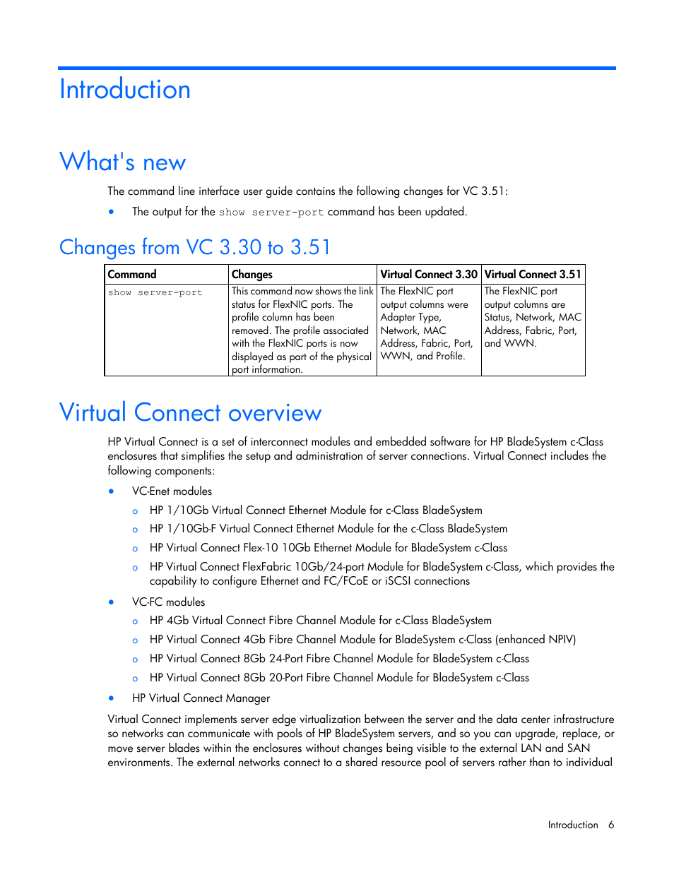 Introduction, What's new, Changes from vc 3.30 to 3.51 | Virtual connect overview | HP Virtual Connect 8Gb 24-port Fibre Channel Module for c-Class BladeSystem User Manual | Page 6 / 159