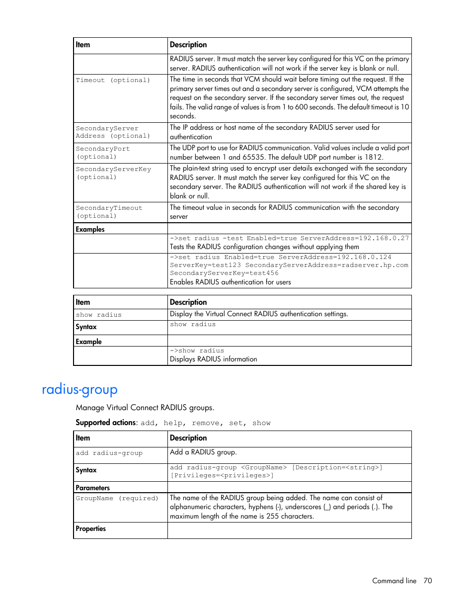 Radius-group | HP Virtual Connect 8Gb 24-port Fibre Channel Module for c-Class BladeSystem User Manual | Page 70 / 159