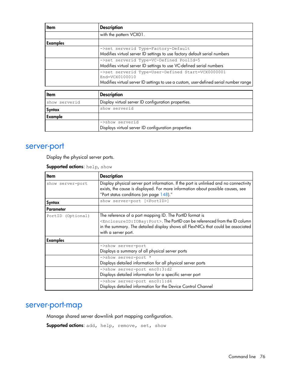 Server-port, Server-port-map | HP Virtual Connect 8Gb 24-port Fibre Channel Module for c-Class BladeSystem User Manual | Page 76 / 159