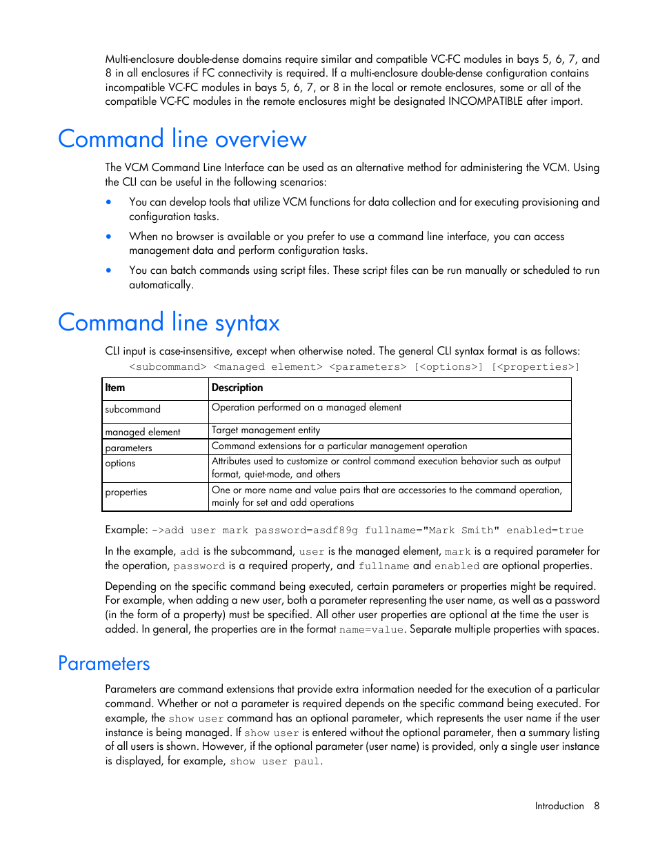 Command line overview, Command line syntax, Parameters | HP Virtual Connect 8Gb 24-port Fibre Channel Module for c-Class BladeSystem User Manual | Page 8 / 159