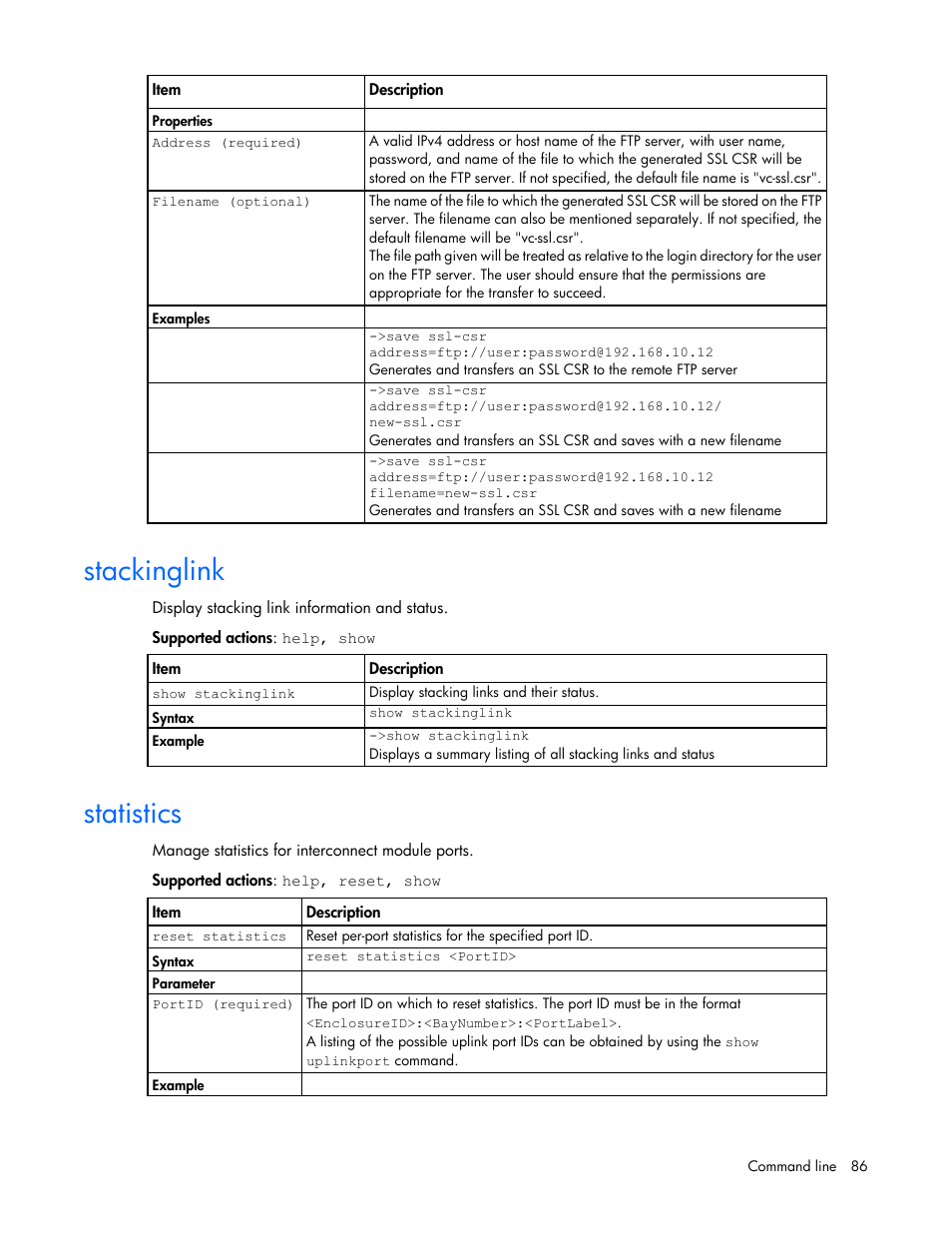 Stackinglink, Statistics | HP Virtual Connect 8Gb 24-port Fibre Channel Module for c-Class BladeSystem User Manual | Page 86 / 159