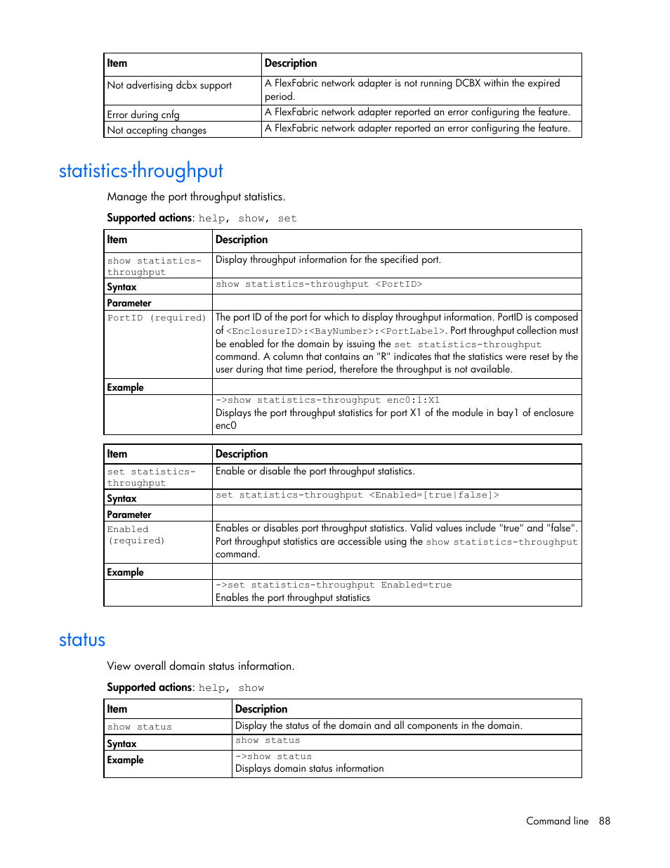 Statistics-throughput, Status | HP Virtual Connect 8Gb 24-port Fibre Channel Module for c-Class BladeSystem User Manual | Page 88 / 159