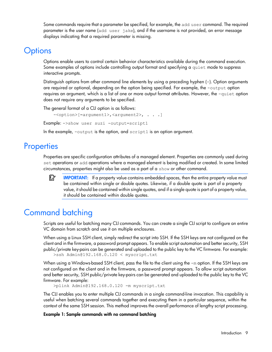 Options, Properties, Command batching | HP Virtual Connect 8Gb 24-port Fibre Channel Module for c-Class BladeSystem User Manual | Page 9 / 159