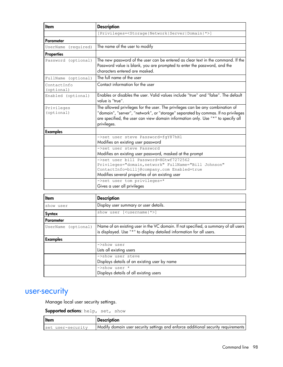 User-security | HP Virtual Connect 8Gb 24-port Fibre Channel Module for c-Class BladeSystem User Manual | Page 98 / 159