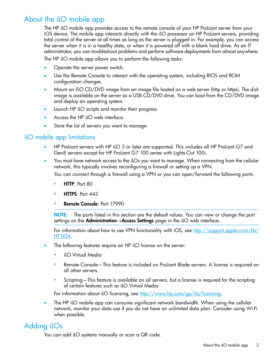 About the ilo mobile app, Ilo mobile app limitations, Adding ilos | HP Integrated Lights-Out 4 User Manual | Page 3 / 9