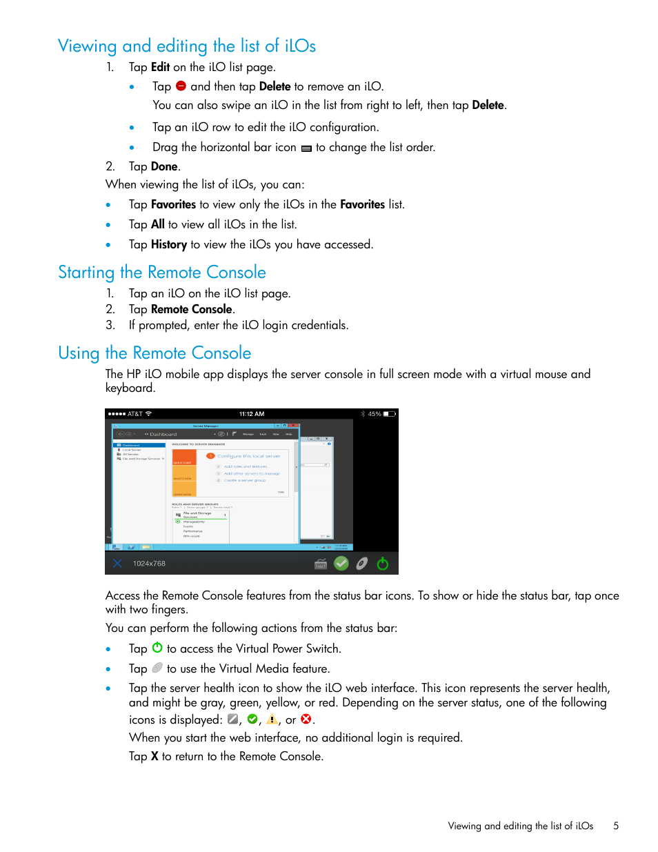 Viewing and editing the list of ilos, Starting the remote console, Using the remote console | HP Integrated Lights-Out 4 User Manual | Page 5 / 9