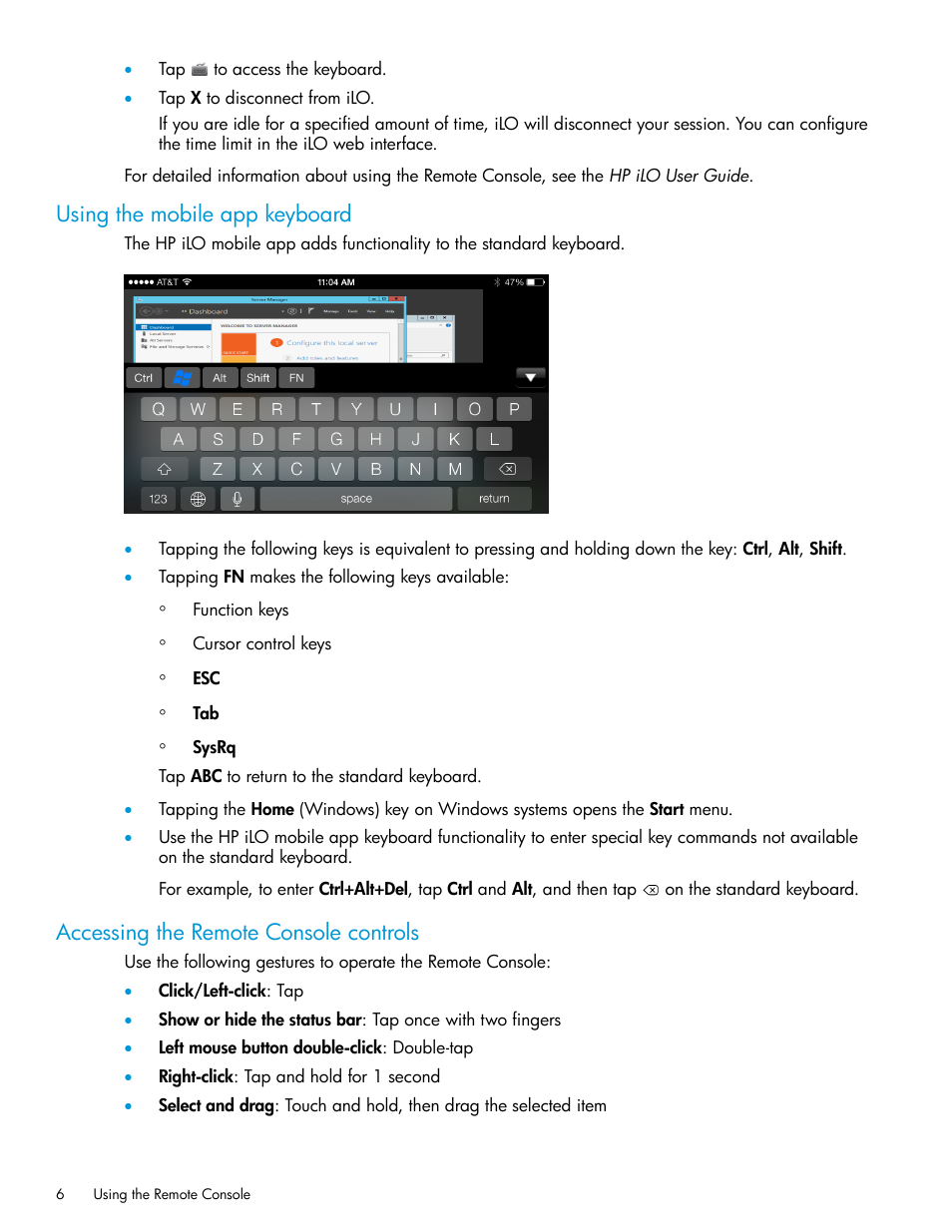Using the mobile app keyboard, Accessing the remote console controls | HP Integrated Lights-Out 4 User Manual | Page 6 / 9