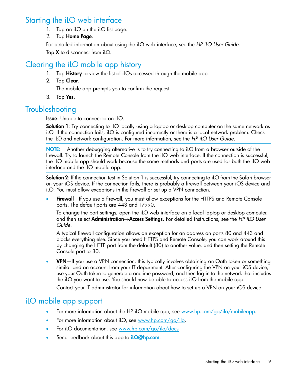 Starting the ilo web interface, Clearing the ilo mobile app history, Troubleshooting | Ilo mobile app support | HP Integrated Lights-Out 4 User Manual | Page 9 / 9