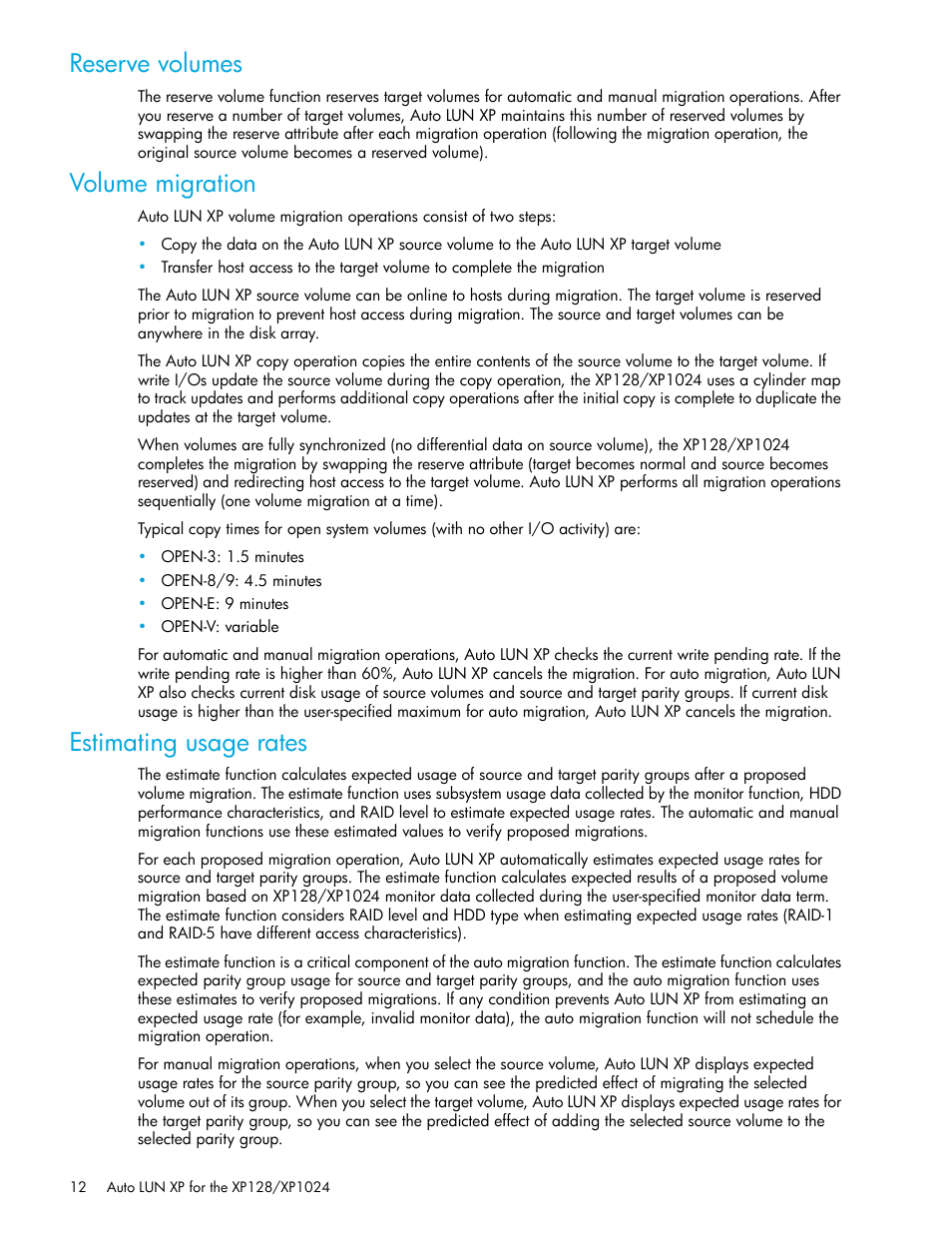 Reserve volumes, Volume migration, Estimating usage rates | HP StorageWorks XP Remote Web Console Software User Manual | Page 12 / 56