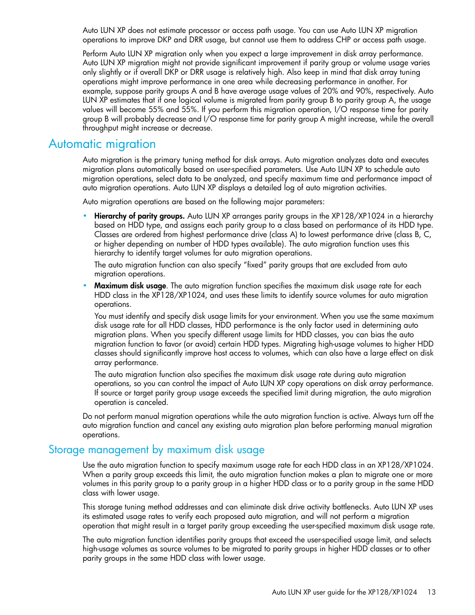 Automatic migration, Storage management by maximum disk usage | HP StorageWorks XP Remote Web Console Software User Manual | Page 13 / 56