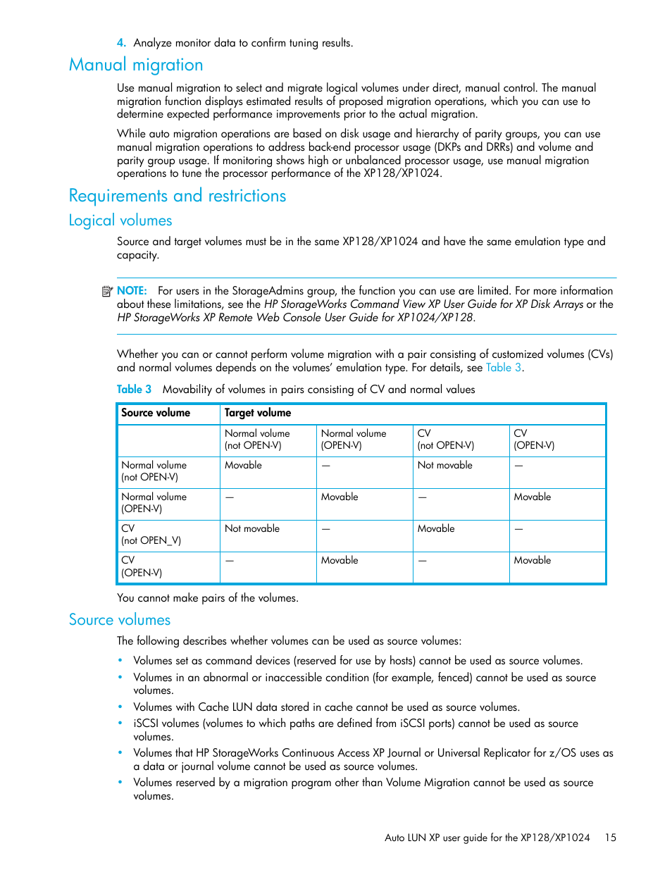 Manual migration, Requirements and restrictions, Logical volumes | Source volumes | HP StorageWorks XP Remote Web Console Software User Manual | Page 15 / 56