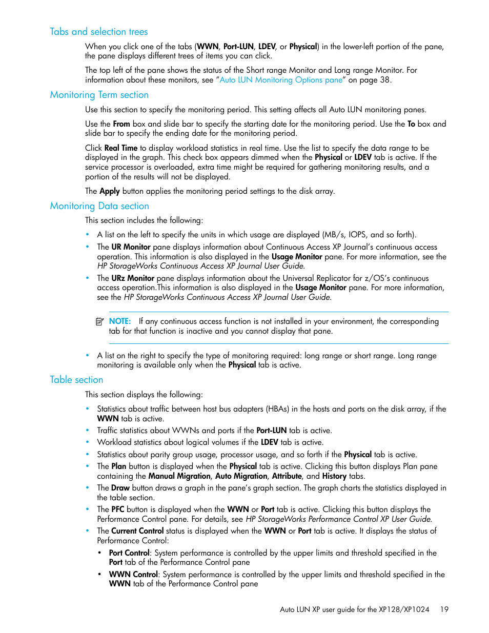 Tabs and selection trees, Monitoring term section, Monitoring data section | Table section | HP StorageWorks XP Remote Web Console Software User Manual | Page 19 / 56