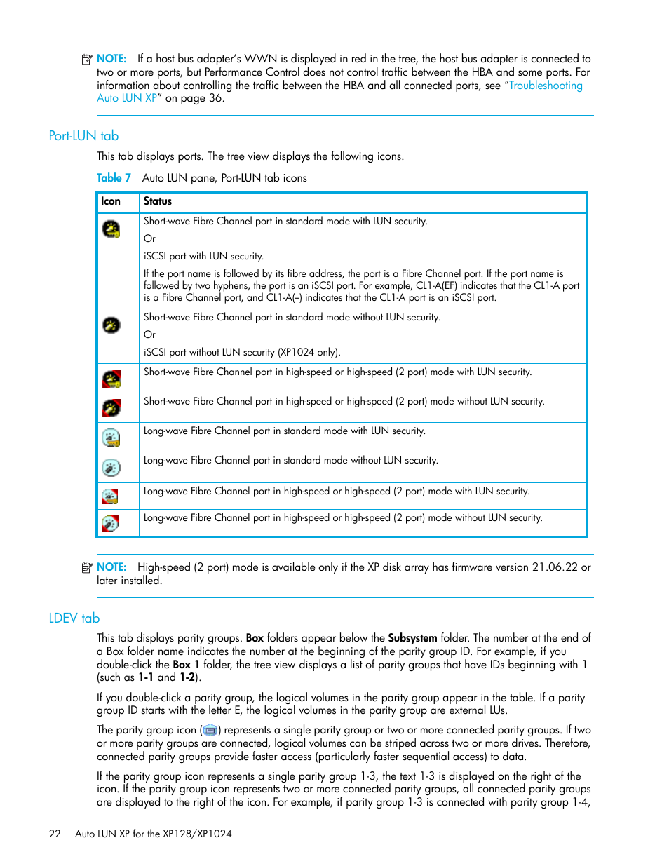 Port-lun tab, Table 7 auto lun pane, port-lun tab icons, Ldev tab | 7 auto lun pane, port-lun tab icons | HP StorageWorks XP Remote Web Console Software User Manual | Page 22 / 56