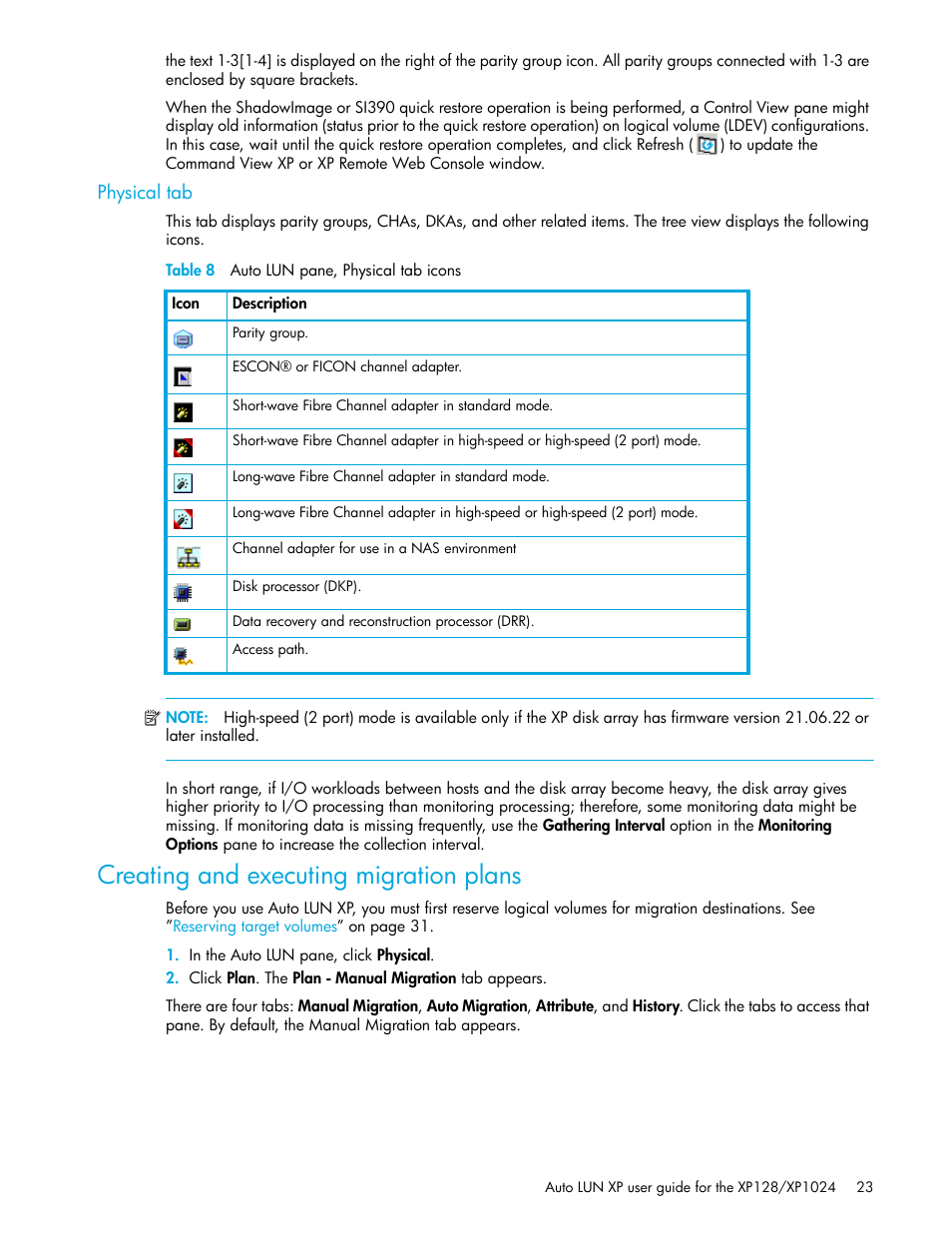 Physical tab, Table 8 auto lun pane, physical tab icons, Creating and executing migration plans | 8 auto lun pane, physical tab icons | HP StorageWorks XP Remote Web Console Software User Manual | Page 23 / 56