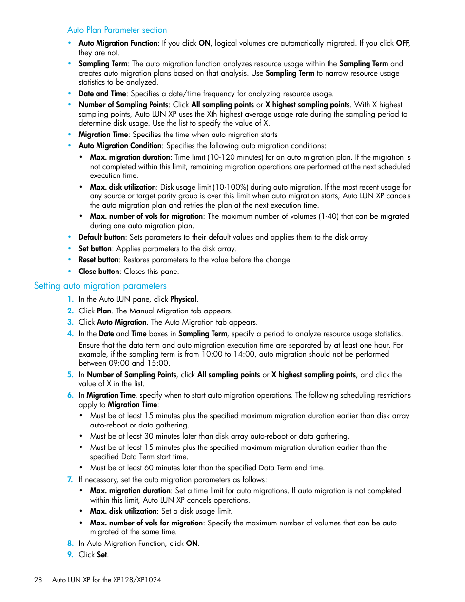 Auto plan parameter section, Setting auto migration parameters | HP StorageWorks XP Remote Web Console Software User Manual | Page 28 / 56