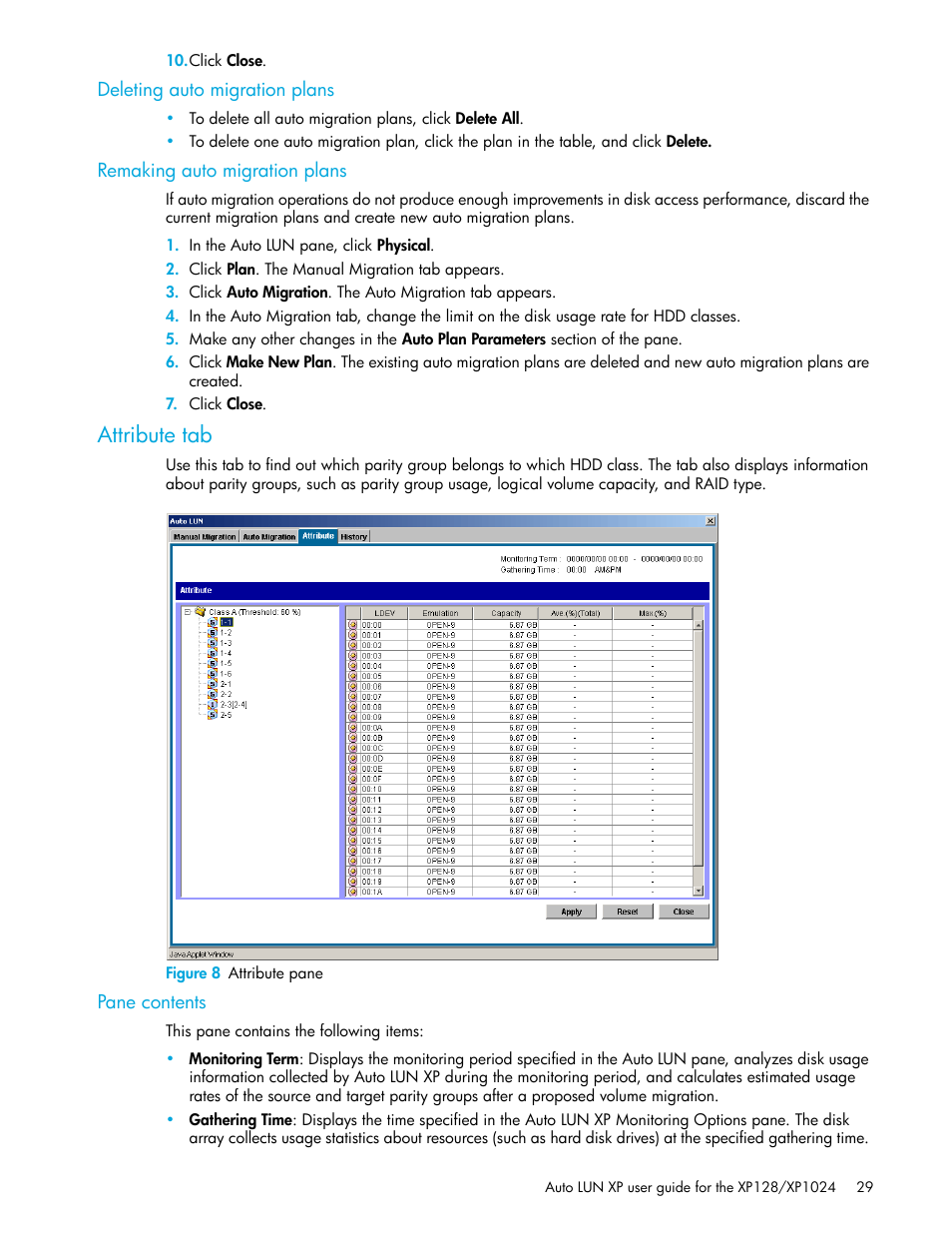 Deleting auto migration plans, Remaking auto migration plans, Attribute tab | Figure 8 attribute pane, Pane contents, 8 attribute pane | HP StorageWorks XP Remote Web Console Software User Manual | Page 29 / 56