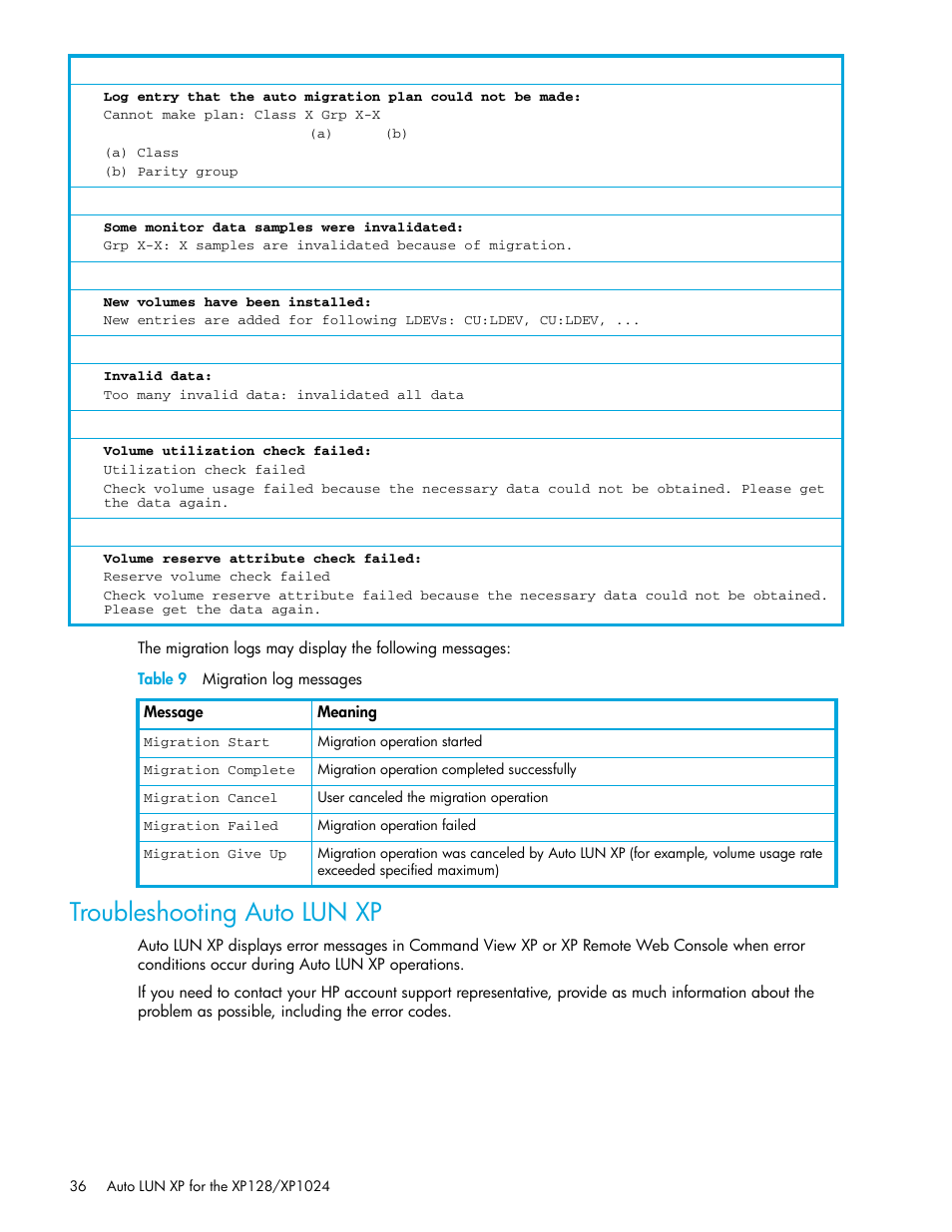 Table 9 migration log messages, Troubleshooting auto lun xp, 9 migration log messages | Troubleshooting, Auto lun xp | HP StorageWorks XP Remote Web Console Software User Manual | Page 36 / 56