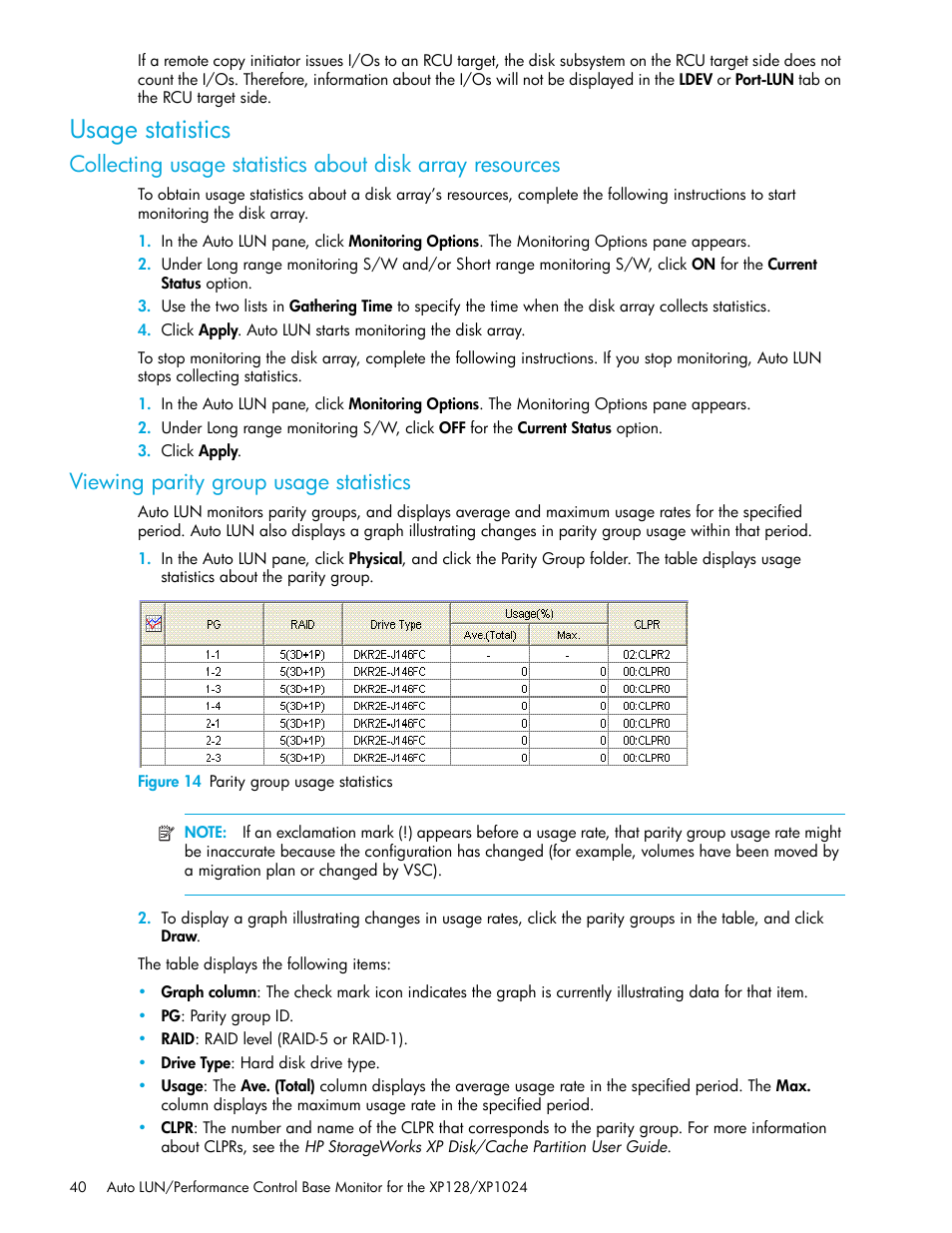 Usage statistics, Viewing parity group usage statistics, Figure 14 parity group usage statistics | 14 parity group usage statistics | HP StorageWorks XP Remote Web Console Software User Manual | Page 40 / 56