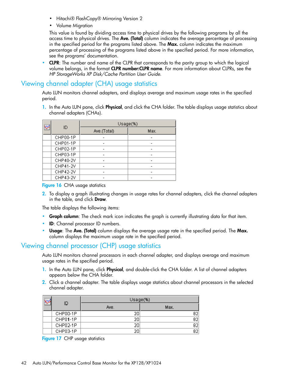 Viewing channel adapter (cha) usage statistics, Figure 16 cha usage statistics, Viewing channel processor (chp) usage statistics | Figure 17 chp usage statistics, 16 cha usage statistics, 17 chp usage statistics | HP StorageWorks XP Remote Web Console Software User Manual | Page 42 / 56