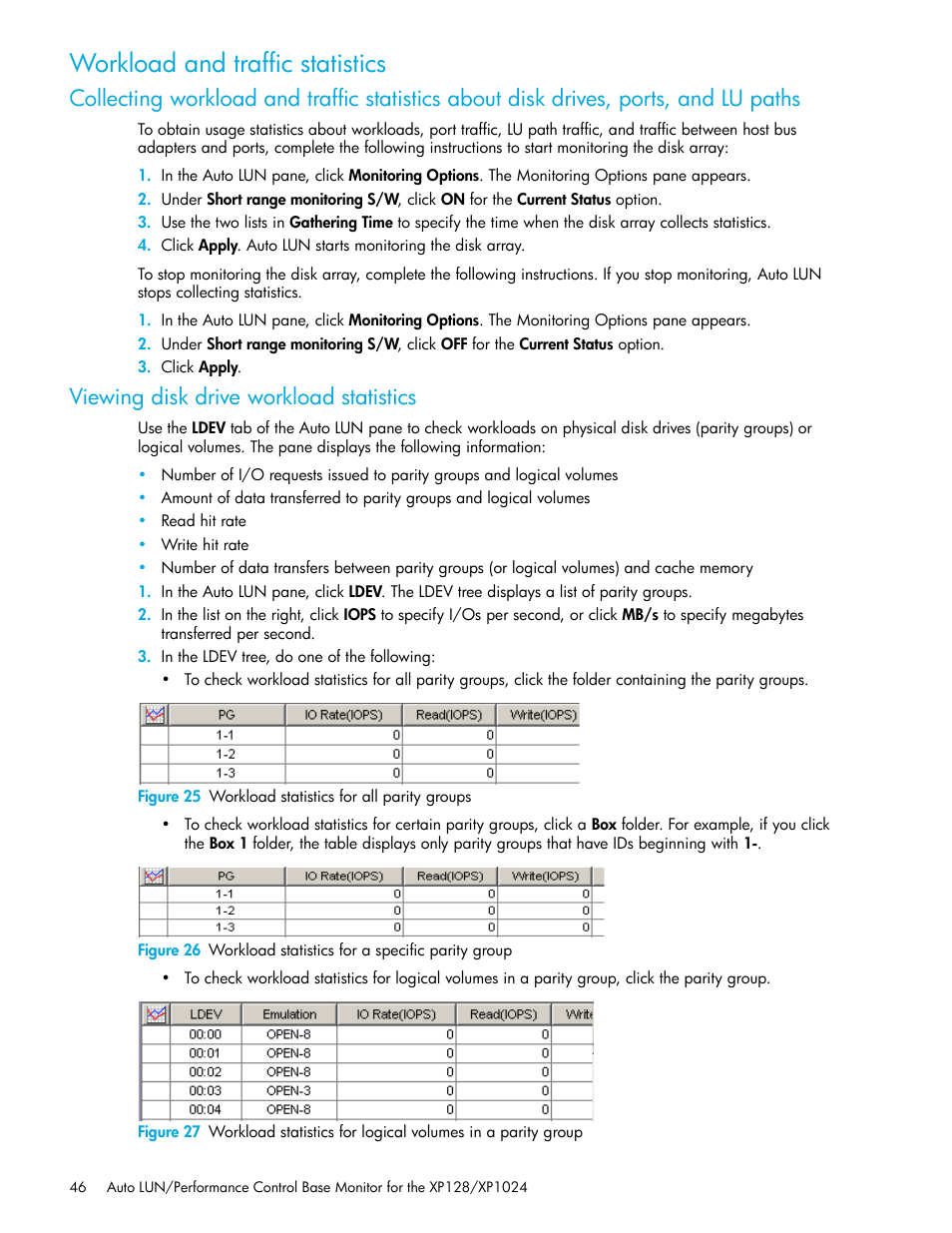 Workload and traffic statistics, Viewing disk drive workload statistics, 25 workload statistics for all parity groups | 26 workload statistics for a specific parity group | HP StorageWorks XP Remote Web Console Software User Manual | Page 46 / 56