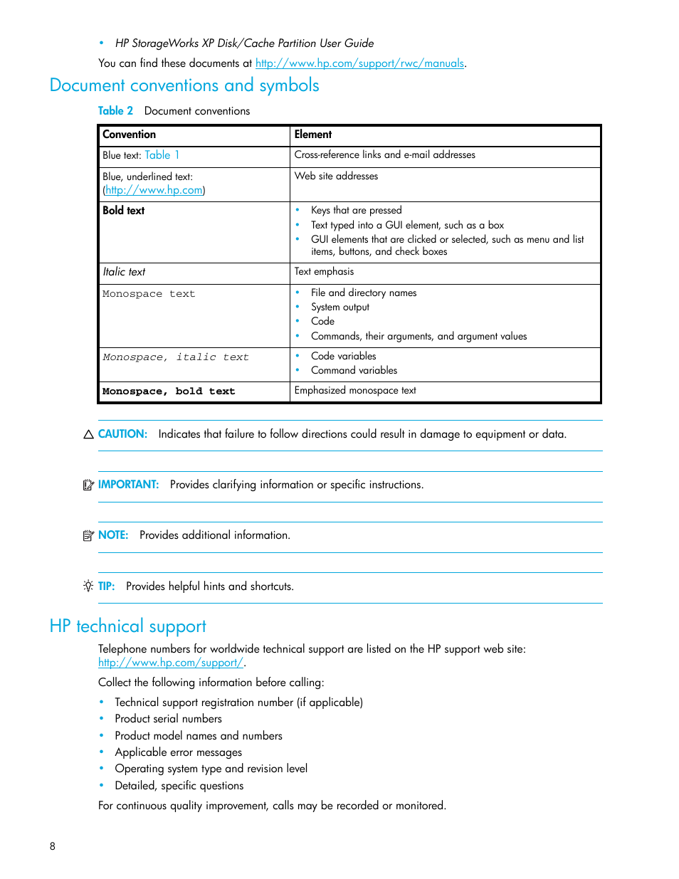 Document conventions and symbols, Table 2 document conventions, Hp technical support | 2 document conventions | HP StorageWorks XP Remote Web Console Software User Manual | Page 8 / 56