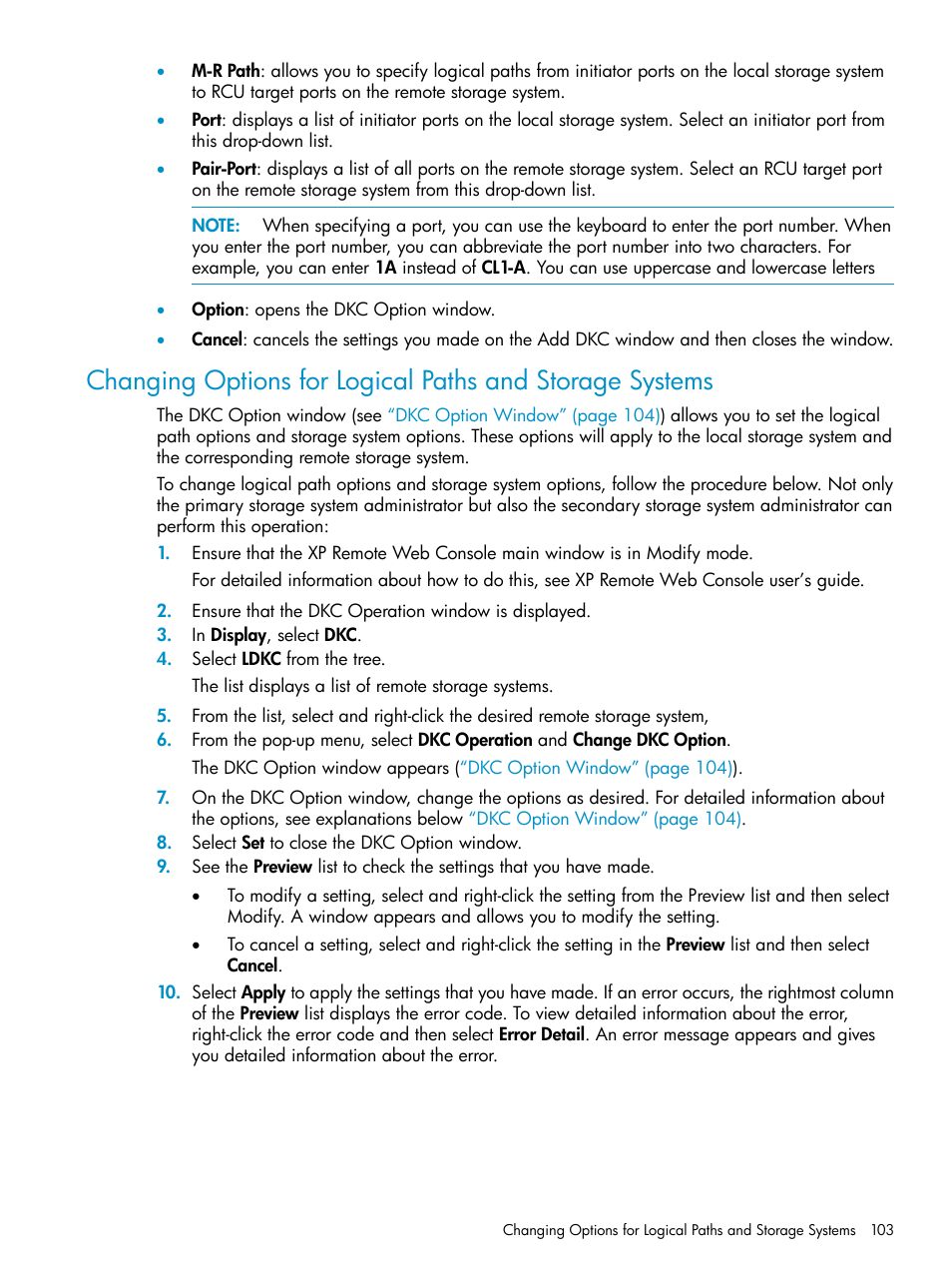 Changing options for logical paths, And storage systems | HP StorageWorks XP Remote Web Console Software User Manual | Page 103 / 203