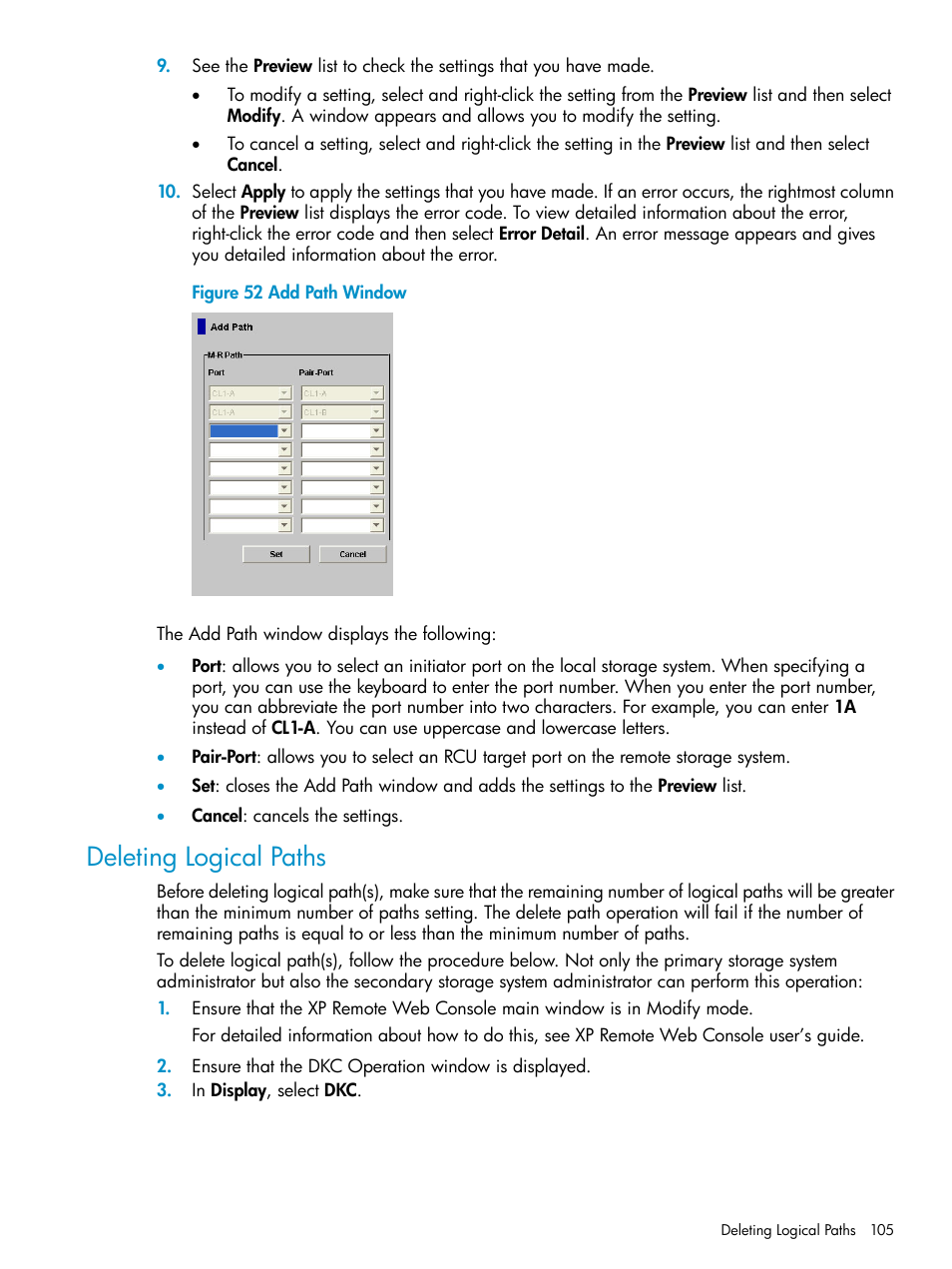 Deleting logical paths | HP StorageWorks XP Remote Web Console Software User Manual | Page 105 / 203