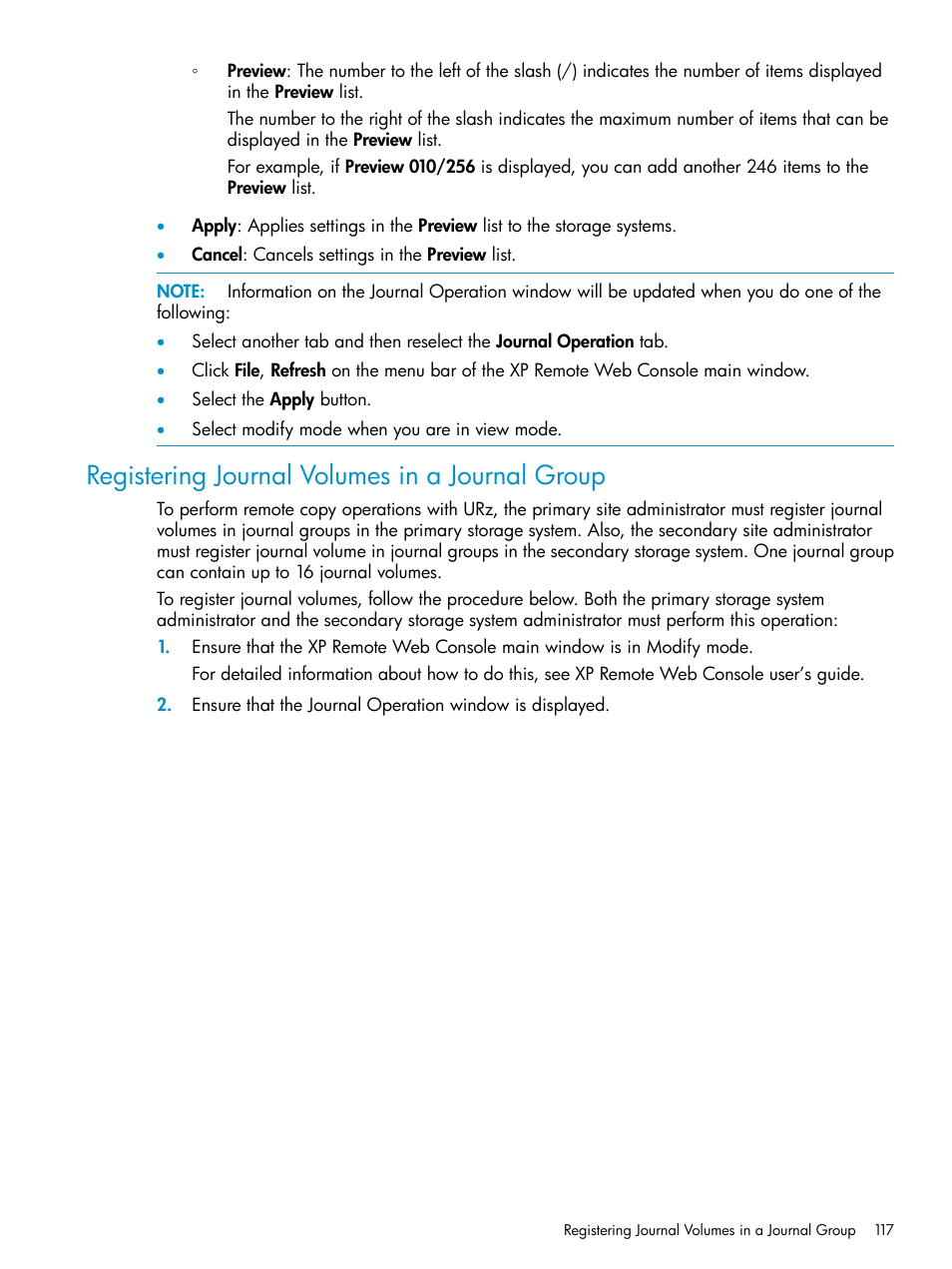 Registering journal volumes in a journal group | HP StorageWorks XP Remote Web Console Software User Manual | Page 117 / 203