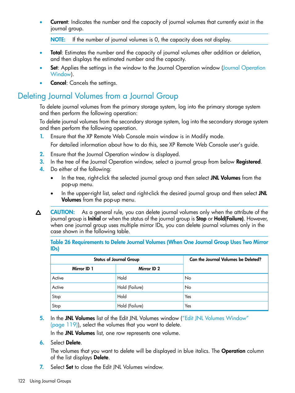 Deleting journal volumes from a journal group | HP StorageWorks XP Remote Web Console Software User Manual | Page 122 / 203