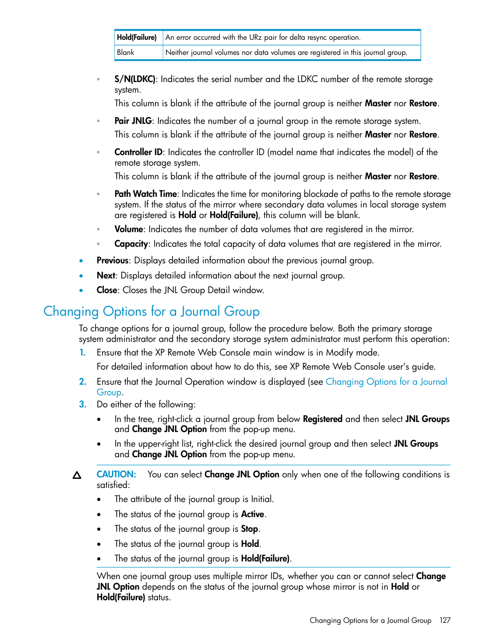 Changing options for a journal group | HP StorageWorks XP Remote Web Console Software User Manual | Page 127 / 203