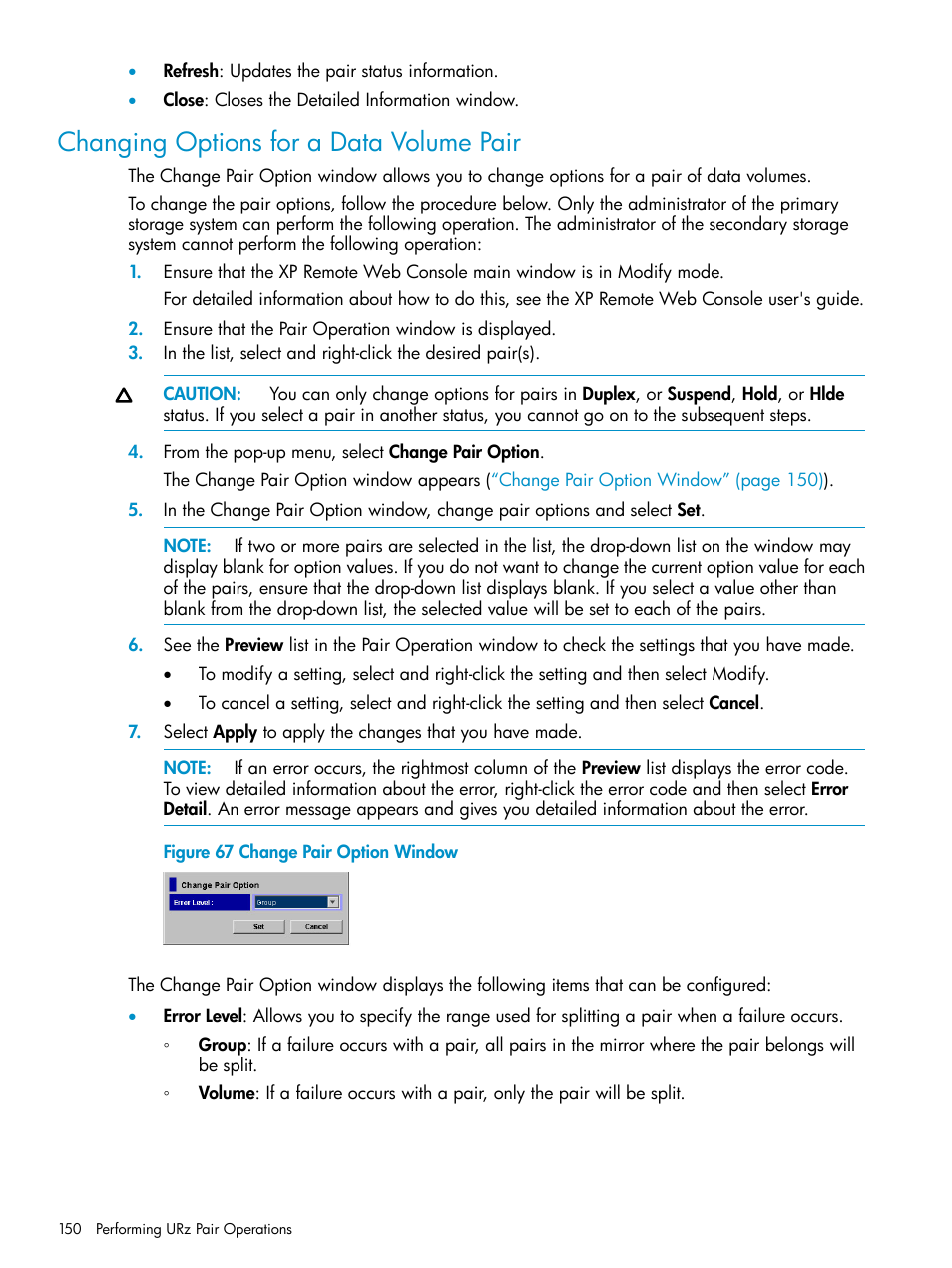 Changing options for a data volume pair | HP StorageWorks XP Remote Web Console Software User Manual | Page 150 / 203