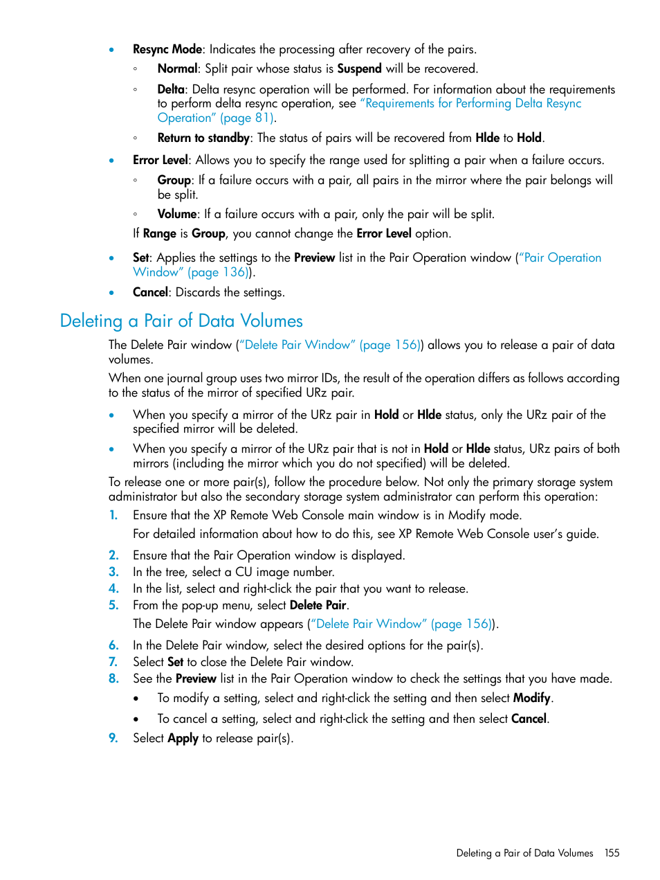 Deleting a pair of data volumes | HP StorageWorks XP Remote Web Console Software User Manual | Page 155 / 203