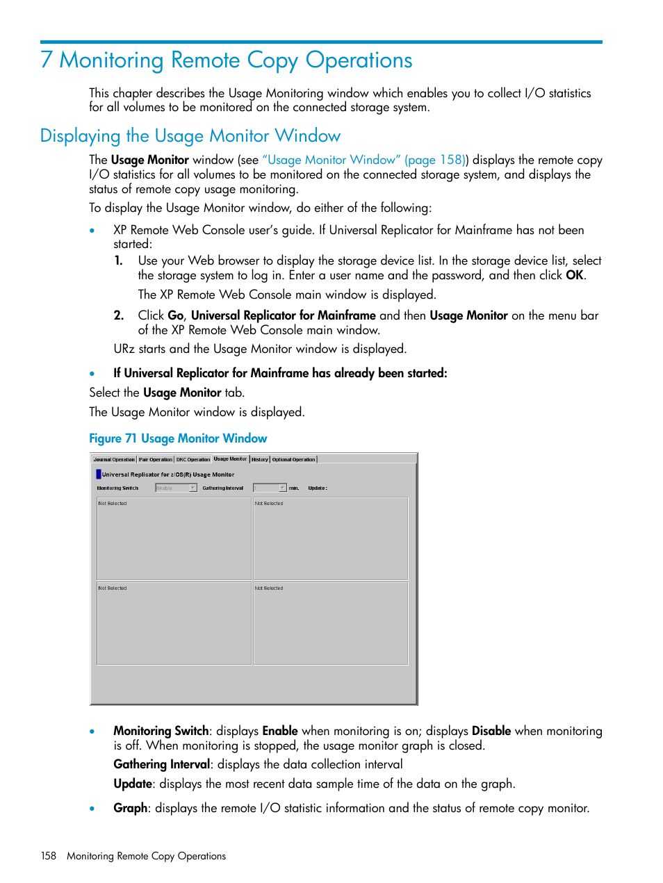 7 monitoring remote copy operations, Displaying the usage monitor window, Usage monitor | Window | HP StorageWorks XP Remote Web Console Software User Manual | Page 158 / 203