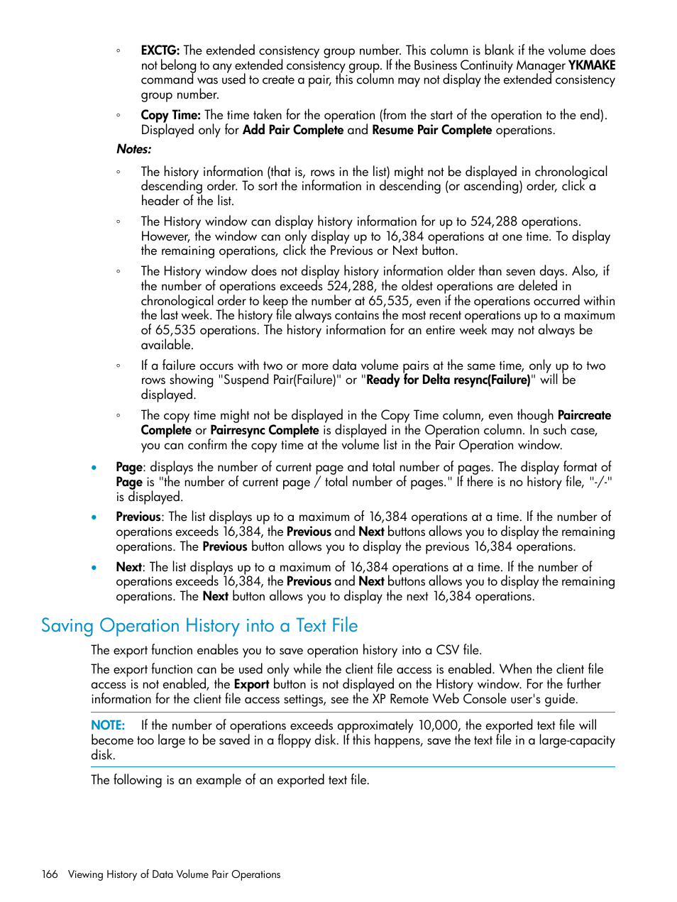 Saving operation history into a text file | HP StorageWorks XP Remote Web Console Software User Manual | Page 166 / 203