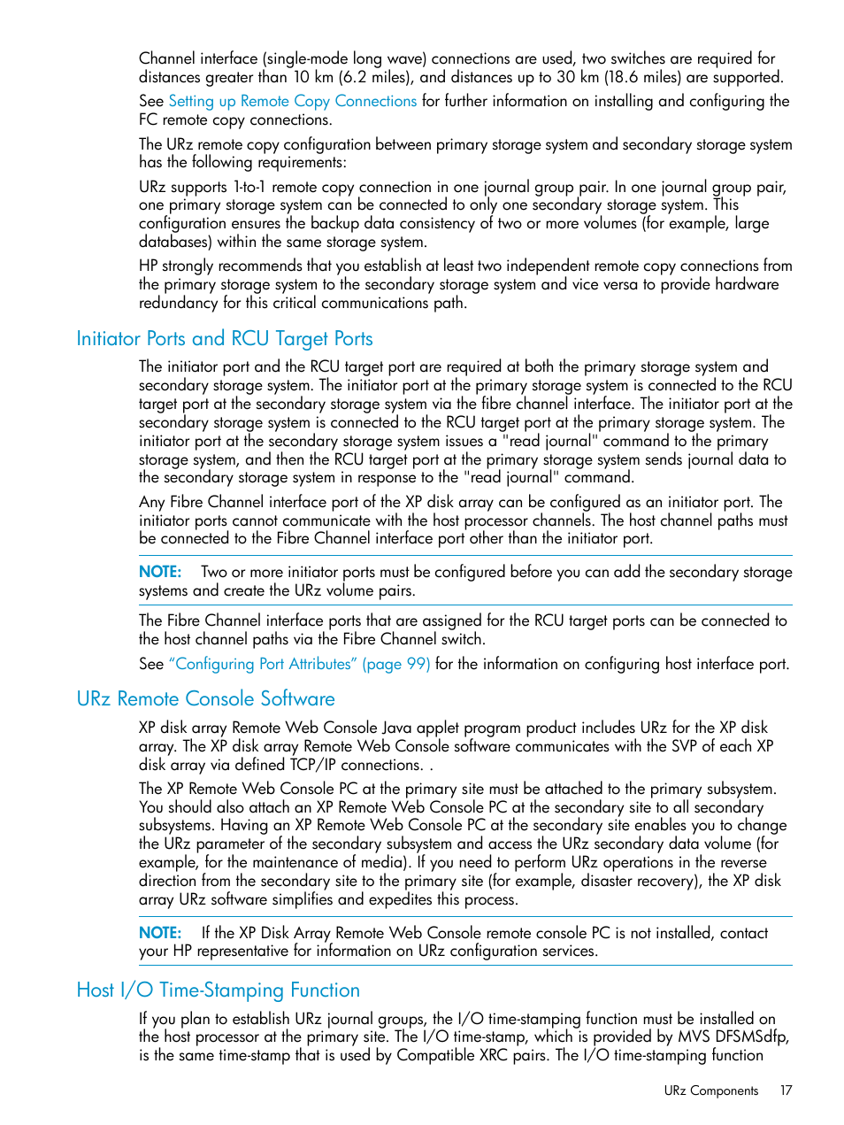 Initiator ports and rcu target ports, Urz remote console software, Host i/o time-stamping function | HP StorageWorks XP Remote Web Console Software User Manual | Page 17 / 203