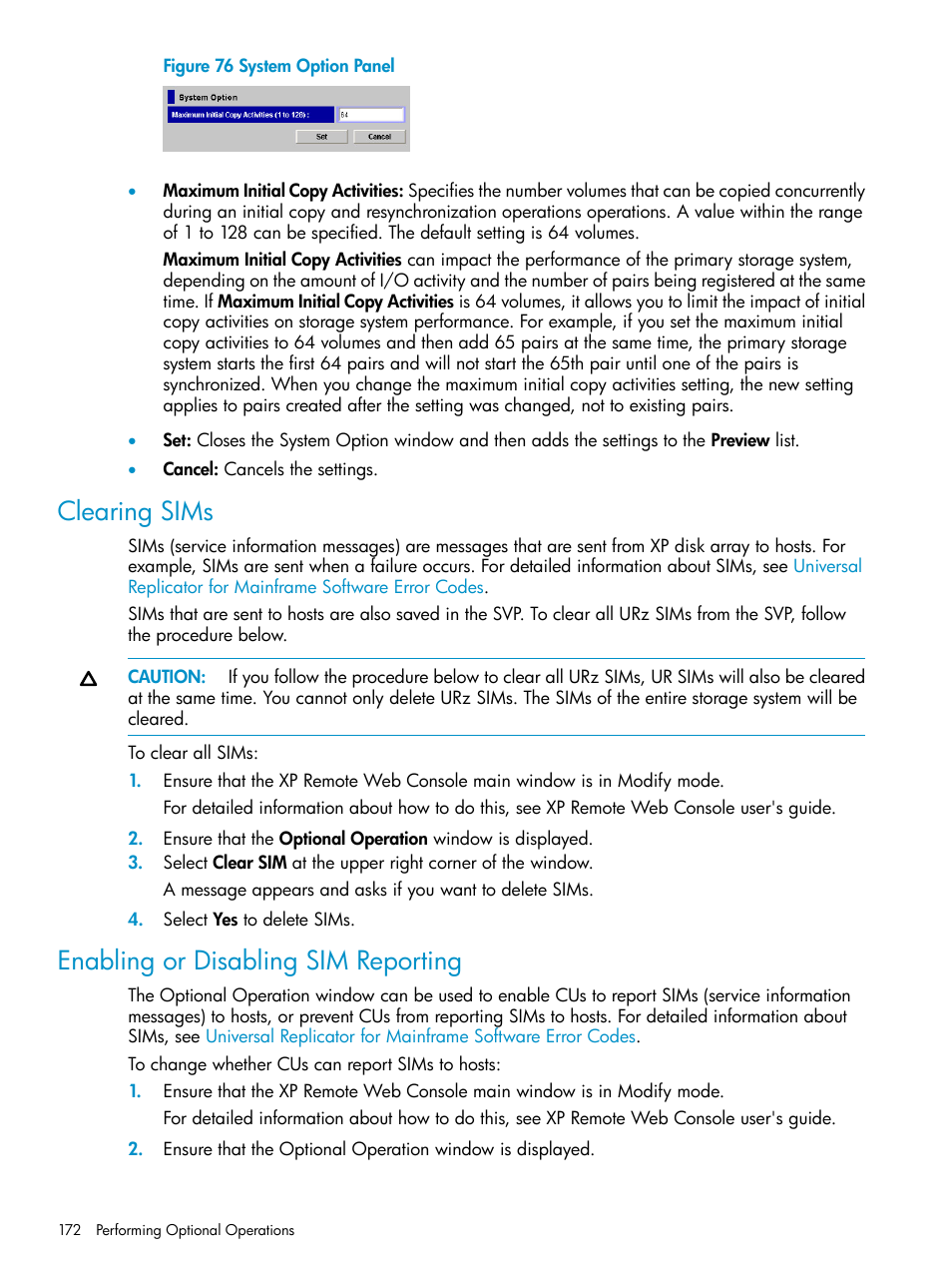 Clearing sims, Enabling or disabling sim reporting, Clearing sims enabling or disabling sim reporting | Enabling or disabling | HP StorageWorks XP Remote Web Console Software User Manual | Page 172 / 203